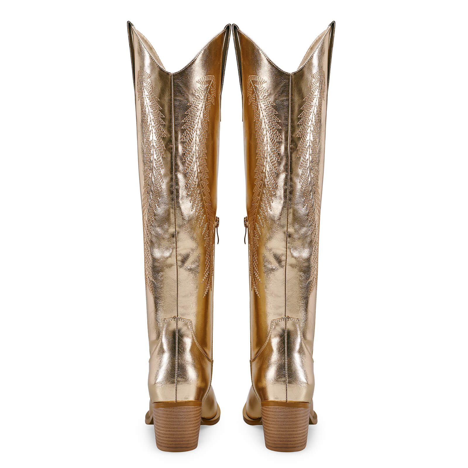 Women's Gold Metallic Knee High Cowboy Boots Embroidered Tall Western Cowgirl Boots Almond Pointed Toe Chunky Heel Wide Wedding Party Boots