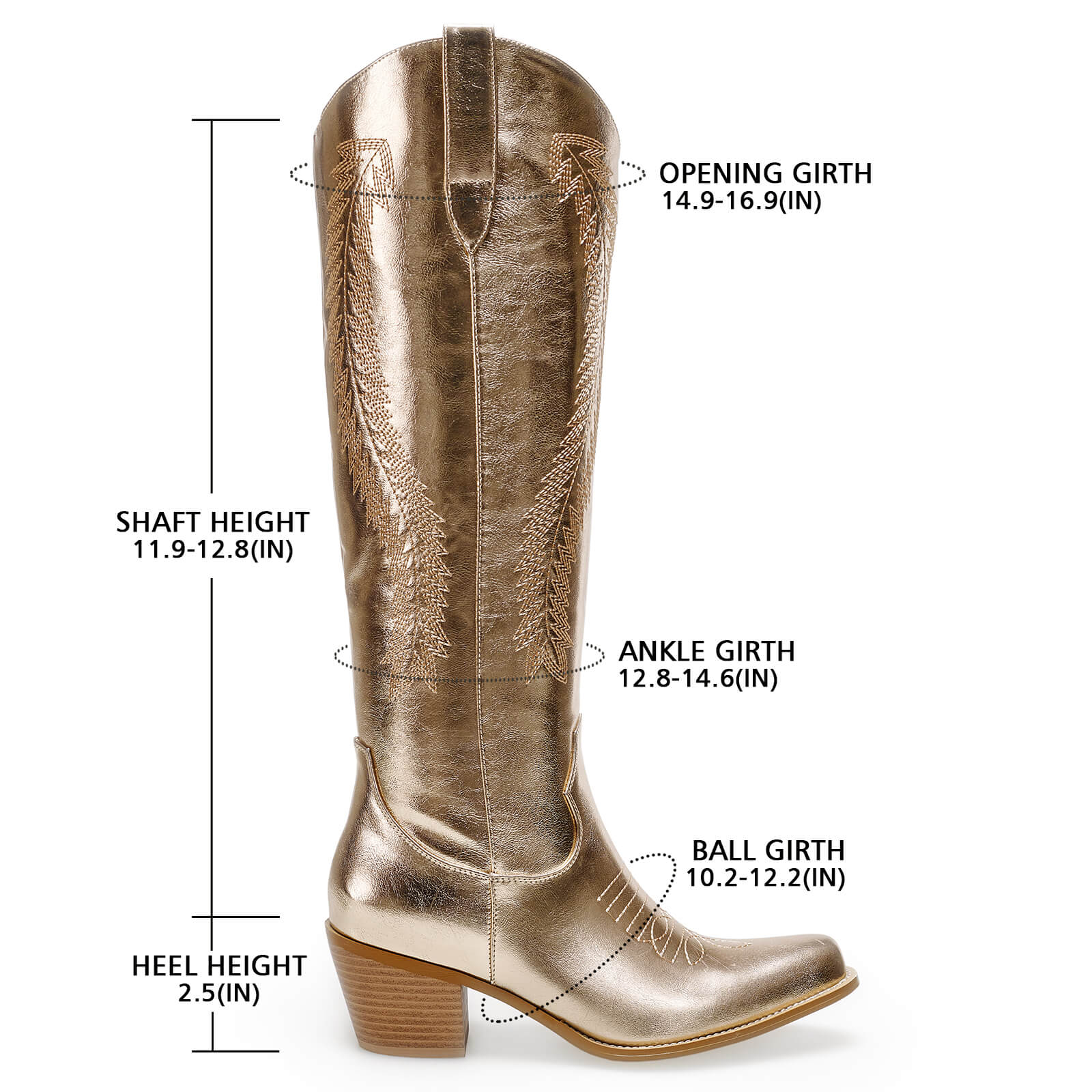 Women's Gold Metallic Knee High Cowboy Boots Embroidered Tall Western Cowgirl Boots Almond Pointed Toe Chunky Heel Wide Wedding Party Boots