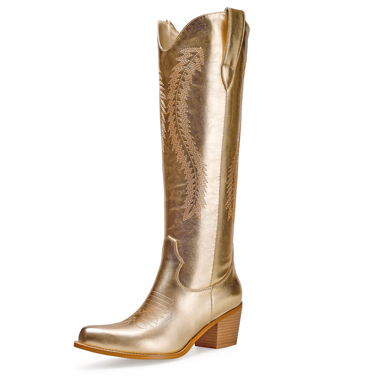 Women's Gold Metallic Knee High Cowboy Boots Embroidered Tall Western Cowgirl Boots Almond Pointed Toe Chunky Heel Wide Wedding Party Boots