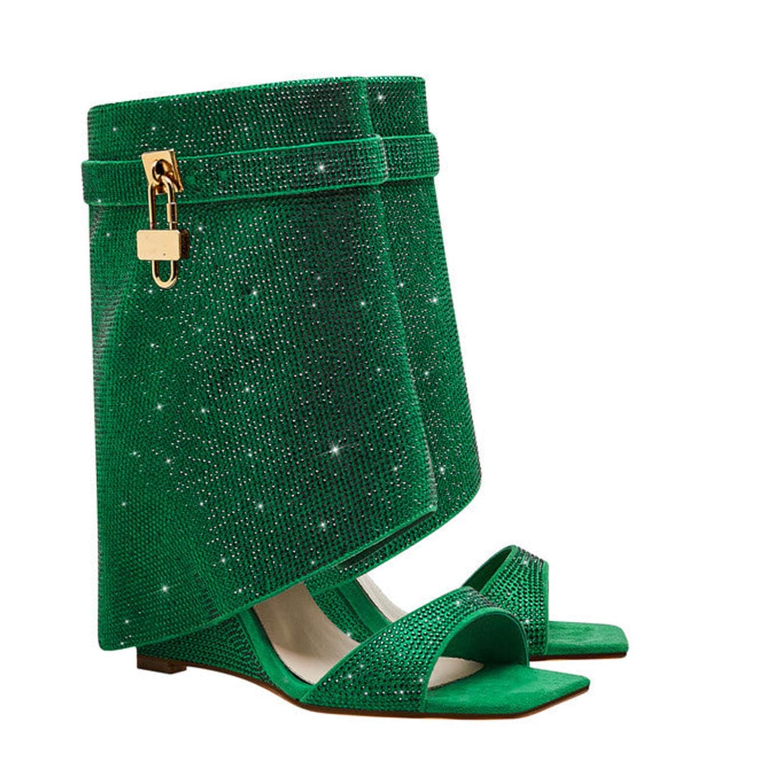 Women's Rhinestones Fold Over Shark Lock Boots
