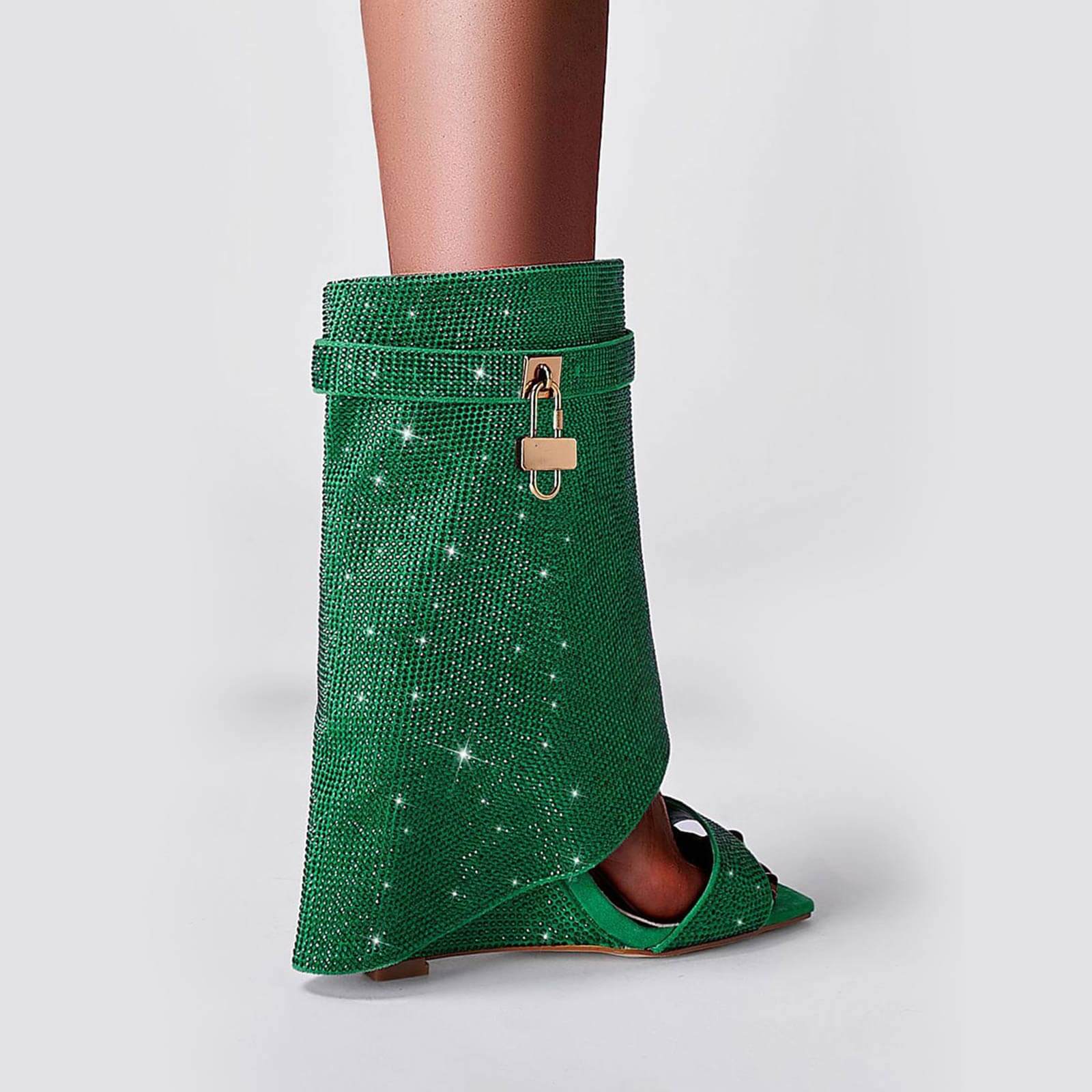 Women's Rhinestones Fold Over Shark Lock Boots