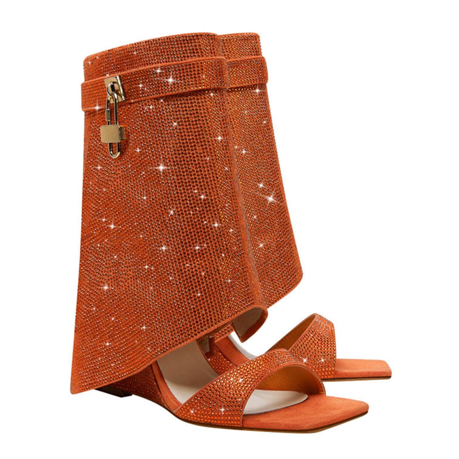Women's Rhinestones Fold Over Shark Lock Boots