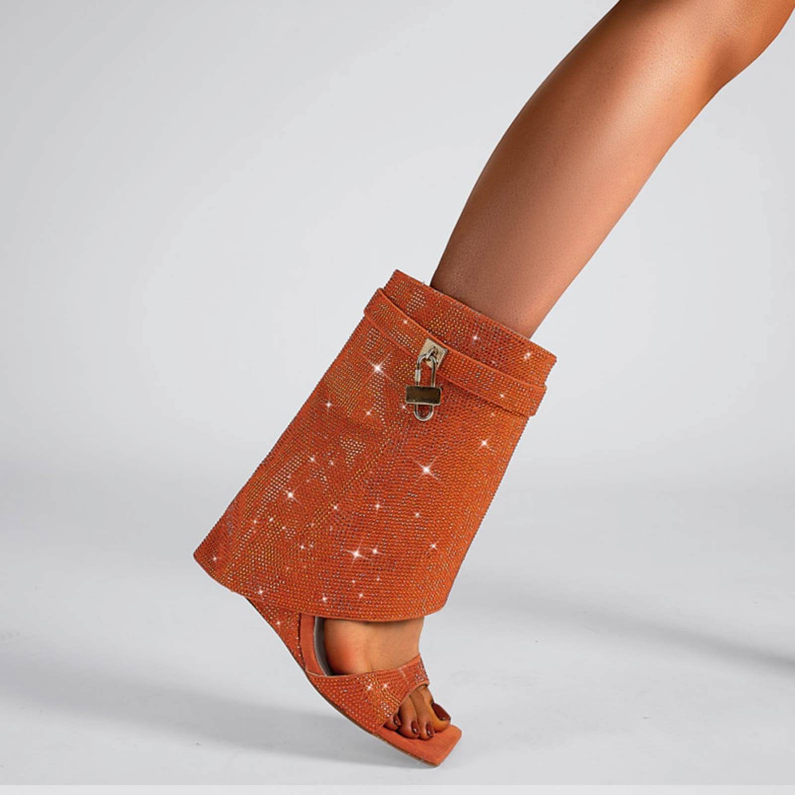 Women's Rhinestones Fold Over Shark Lock Boots