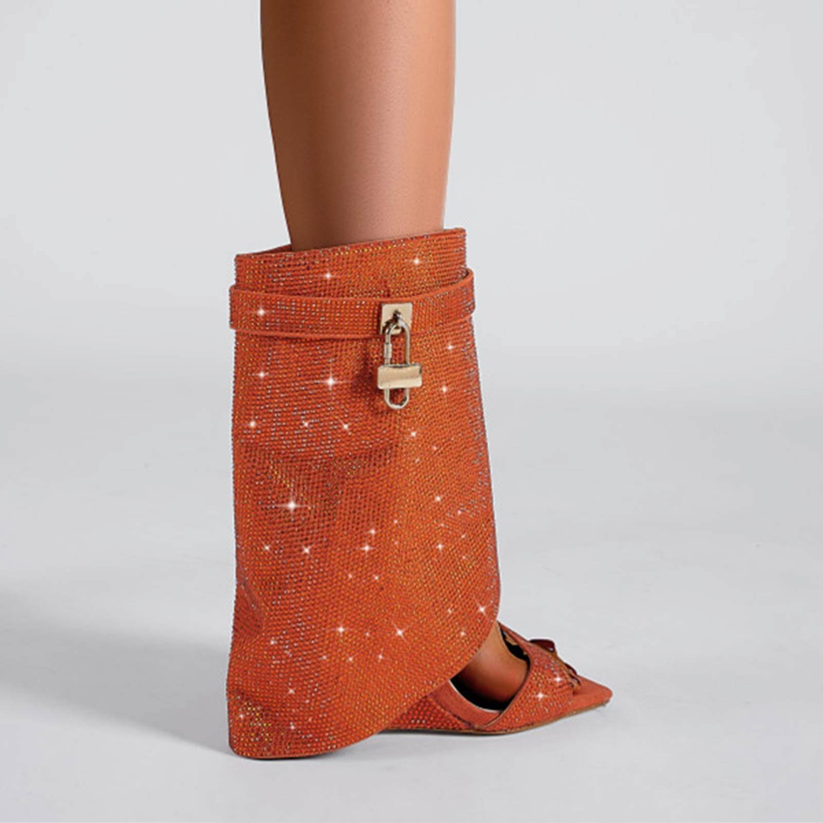 Women's Rhinestones Fold Over Shark Lock Boots