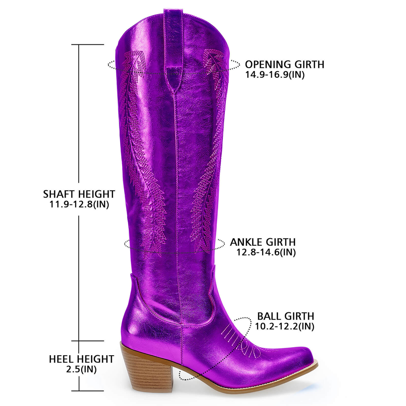 Women's Gold Metallic Knee High Cowboy Boots Embroidered Tall Western Cowgirl Boots Almond Pointed Toe Chunky Heel Wide Wedding Party Boots