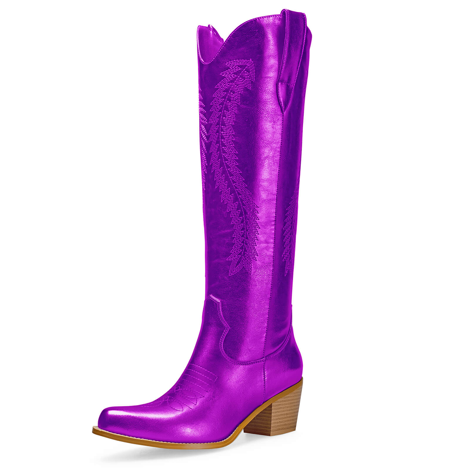Women's Gold Metallic Knee High Cowboy Boots Embroidered Tall Western Cowgirl Boots Almond Pointed Toe Chunky Heel Wide Wedding Party Boots