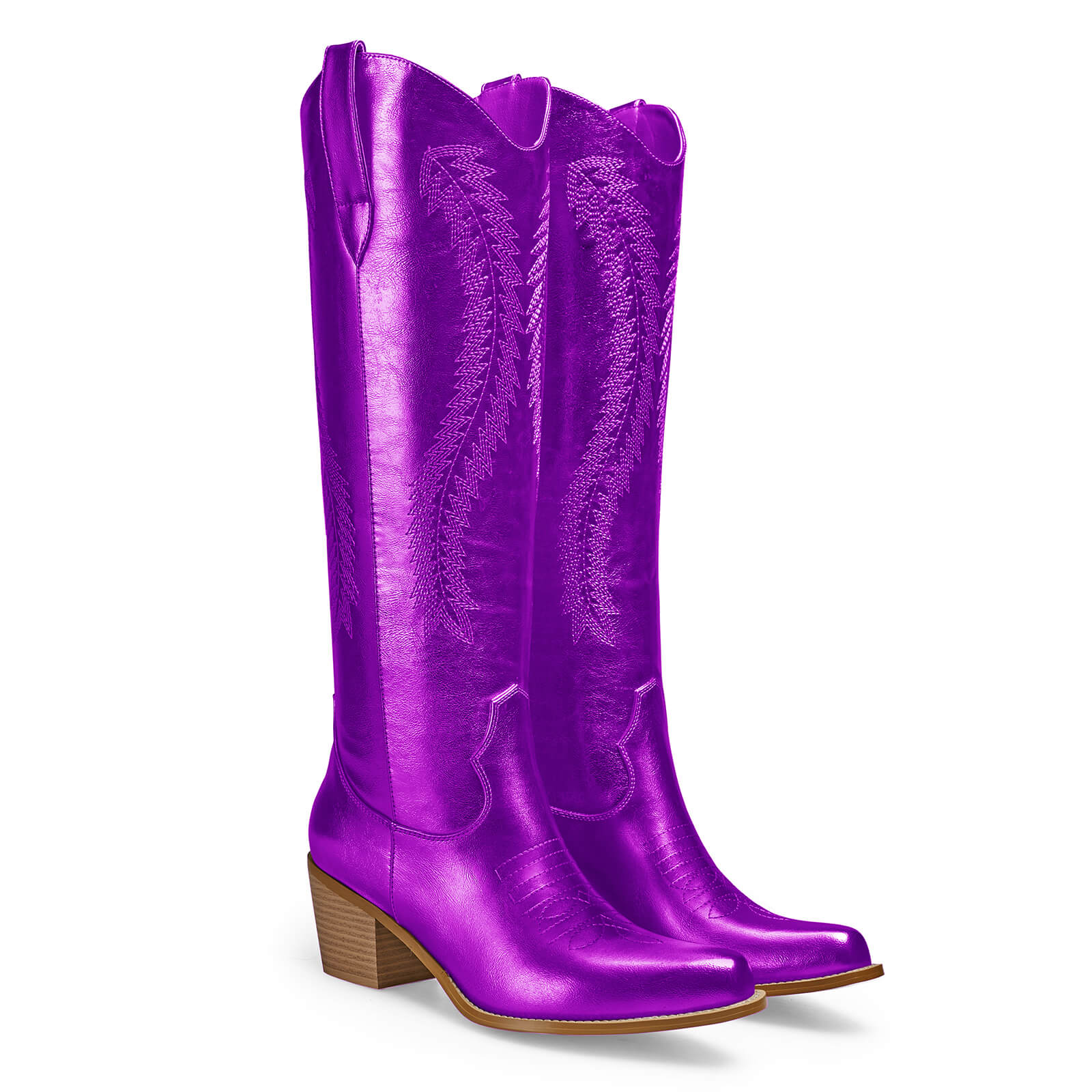 Women's Gold Metallic Knee High Cowboy Boots Embroidered Tall Western Cowgirl Boots Almond Pointed Toe Chunky Heel Wide Wedding Party Boots