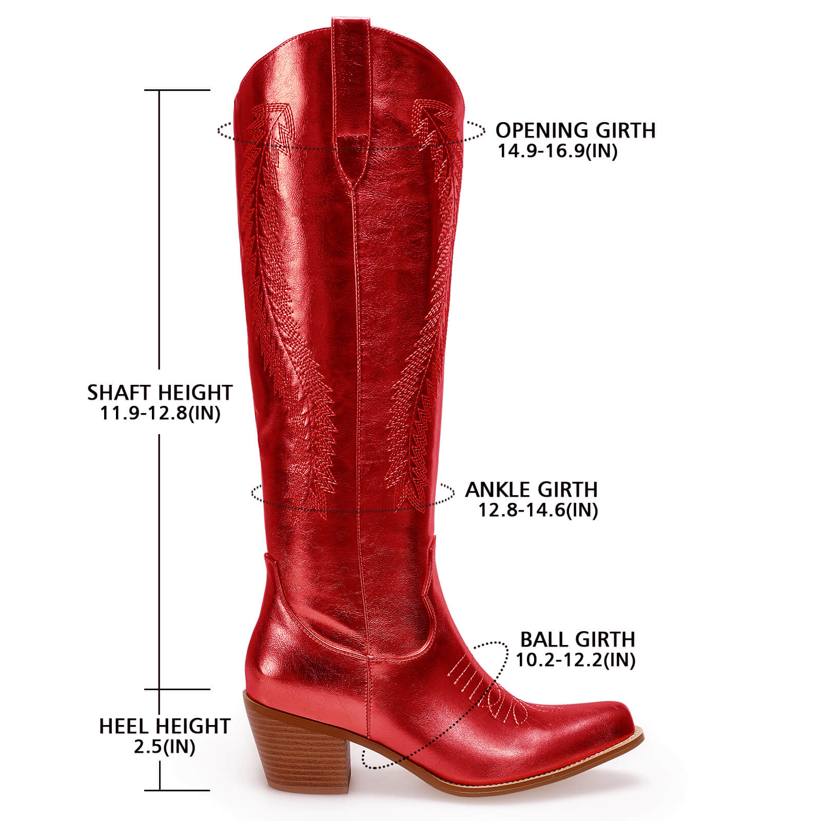 Women's Gold Metallic Knee High Cowboy Boots Embroidered Tall Western Cowgirl Boots Almond Pointed Toe Chunky Heel Wide Wedding Party Boots
