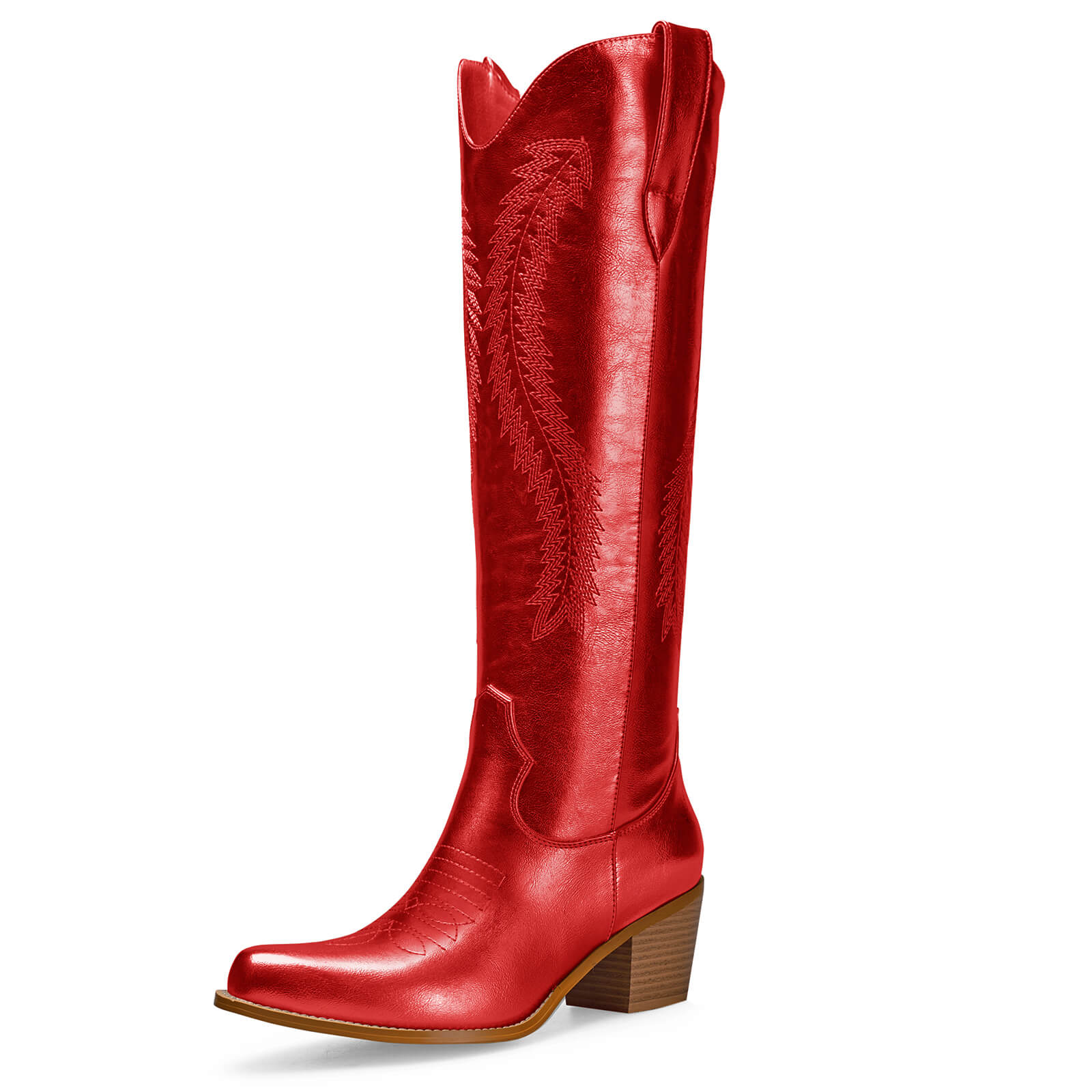 Women's Gold Metallic Knee High Cowboy Boots Embroidered Tall Western Cowgirl Boots Almond Pointed Toe Chunky Heel Wide Wedding Party Boots