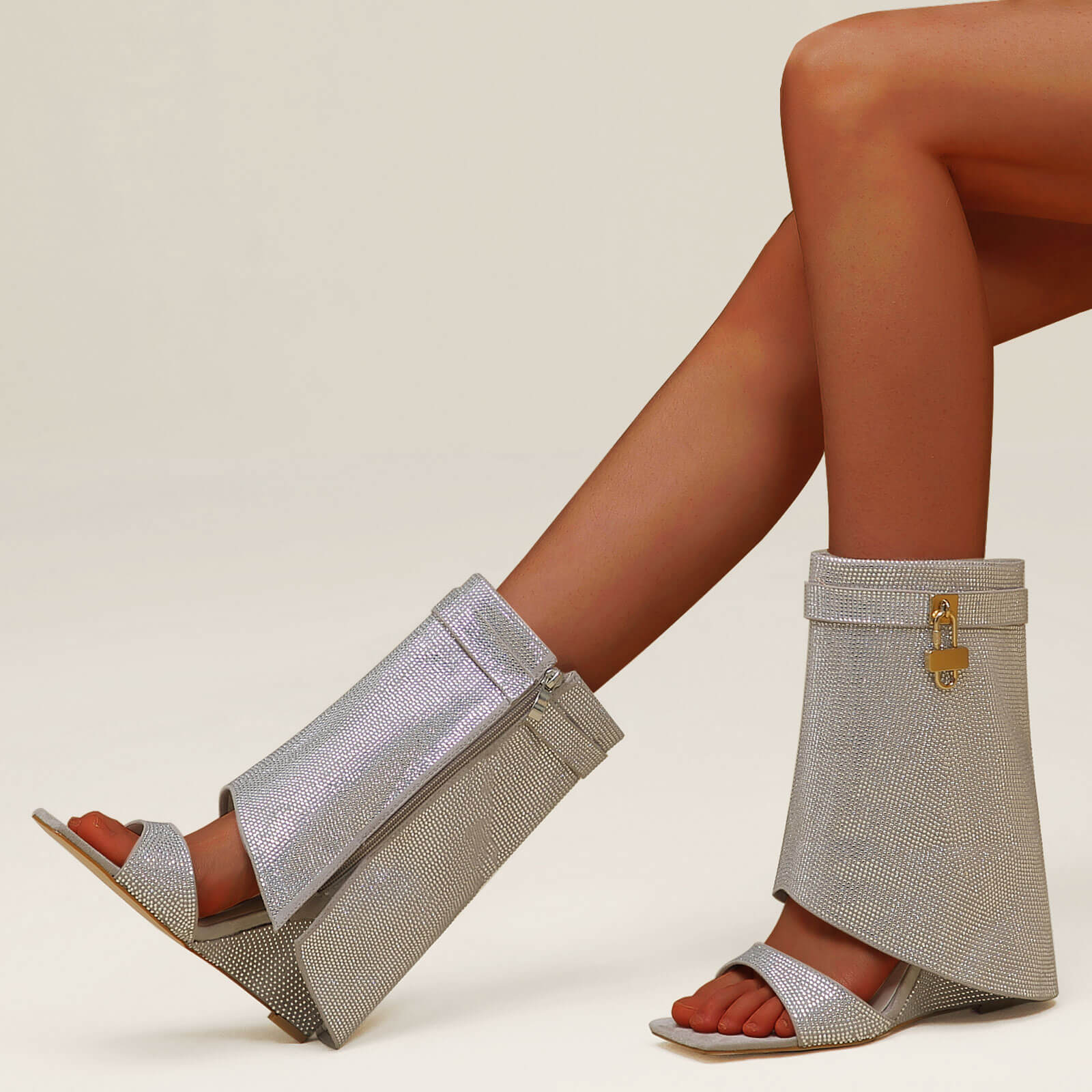 Women's Rhinestones Fold Over Shark Lock Boots