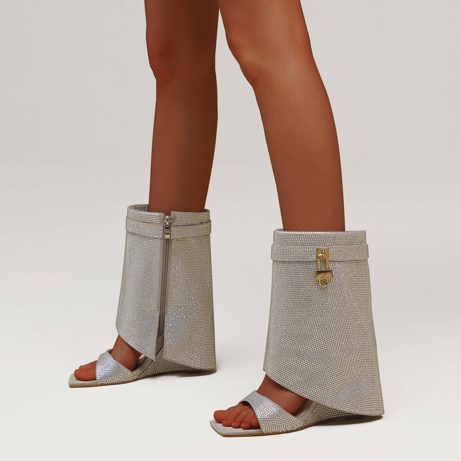 Women's Rhinestones Fold Over Shark Lock Boots