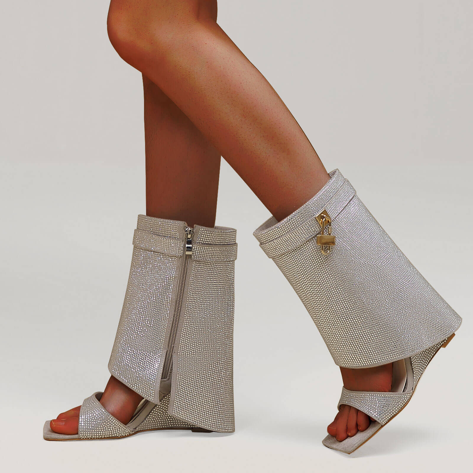 Women's Rhinestones Fold Over Shark Lock Boots