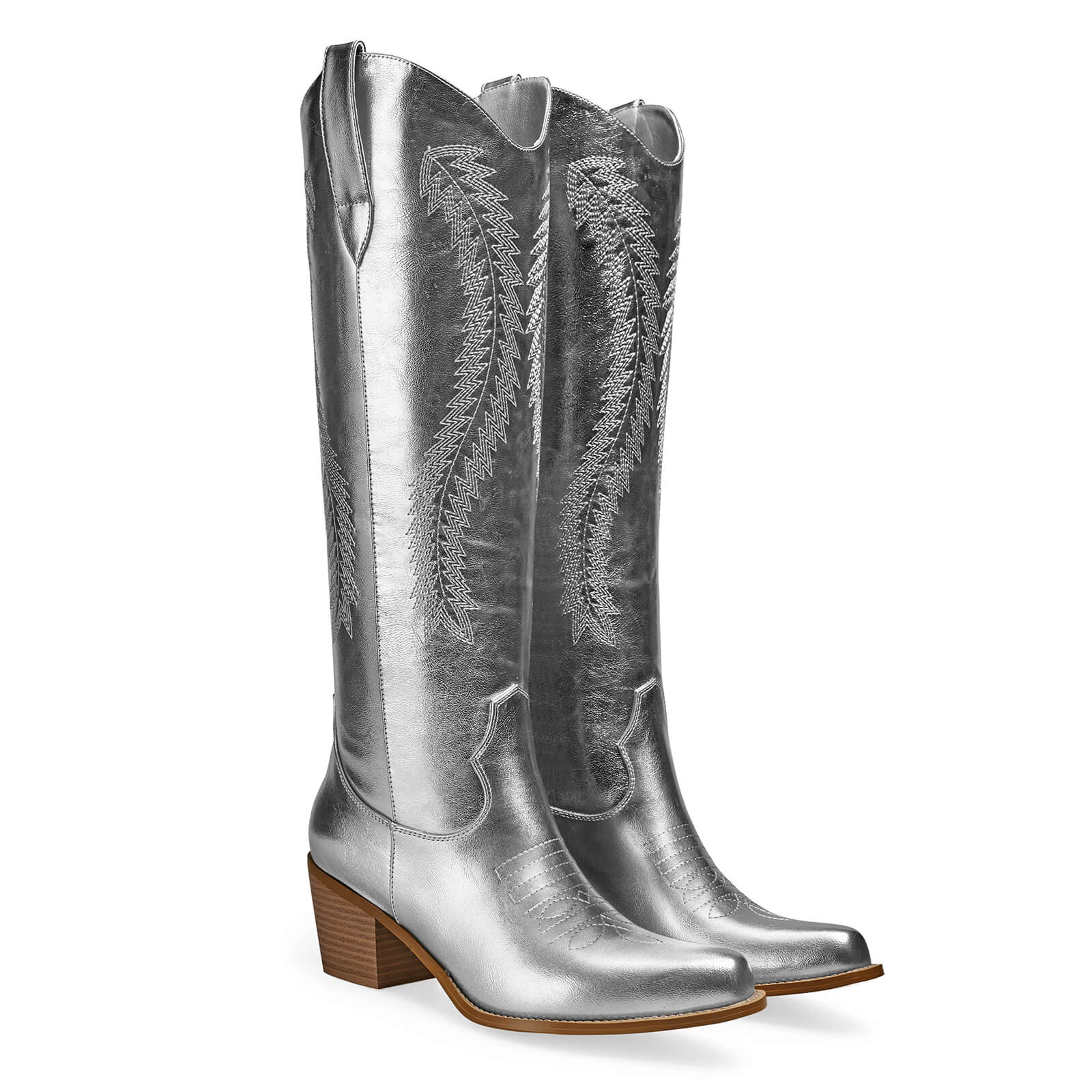 Women's Gold Metallic Knee High Cowboy Boots Embroidered Tall Western Cowgirl Boots Almond Pointed Toe Chunky Heel Wide Wedding Party Boots