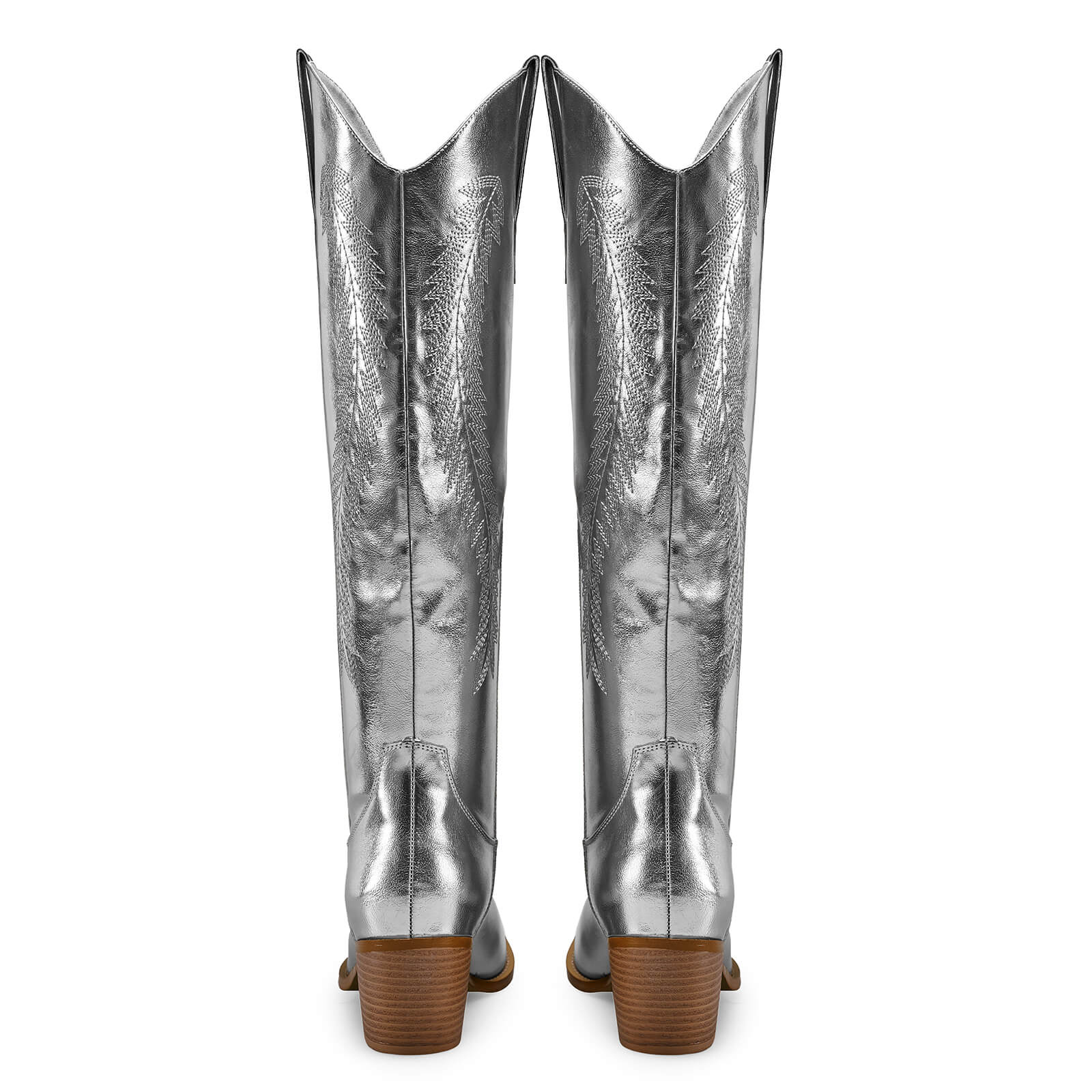 Women's Gold Metallic Knee High Cowboy Boots Embroidered Tall Western Cowgirl Boots Almond Pointed Toe Chunky Heel Wide Wedding Party Boots