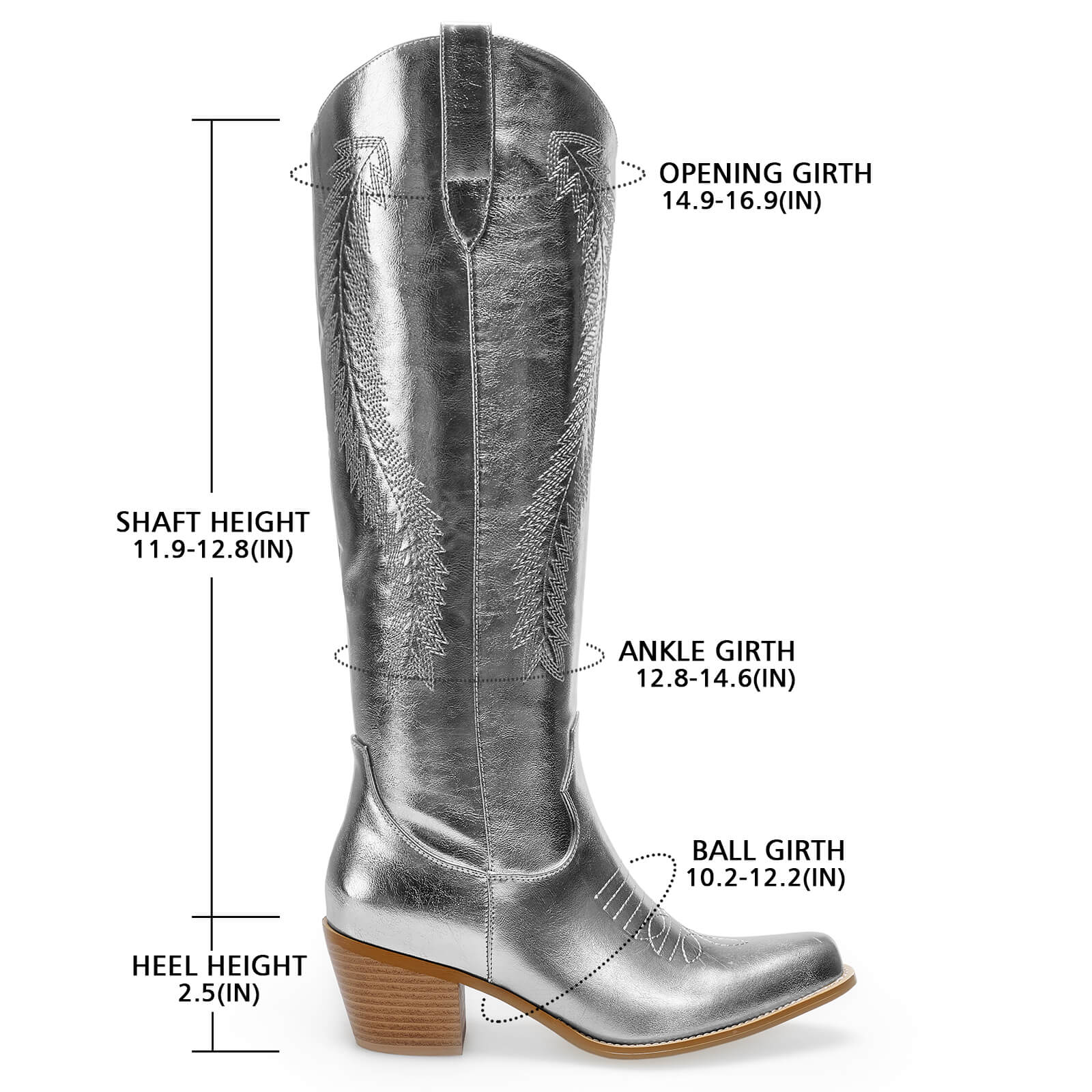 Women's Gold Metallic Knee High Cowboy Boots Embroidered Tall Western Cowgirl Boots Almond Pointed Toe Chunky Heel Wide Wedding Party Boots
