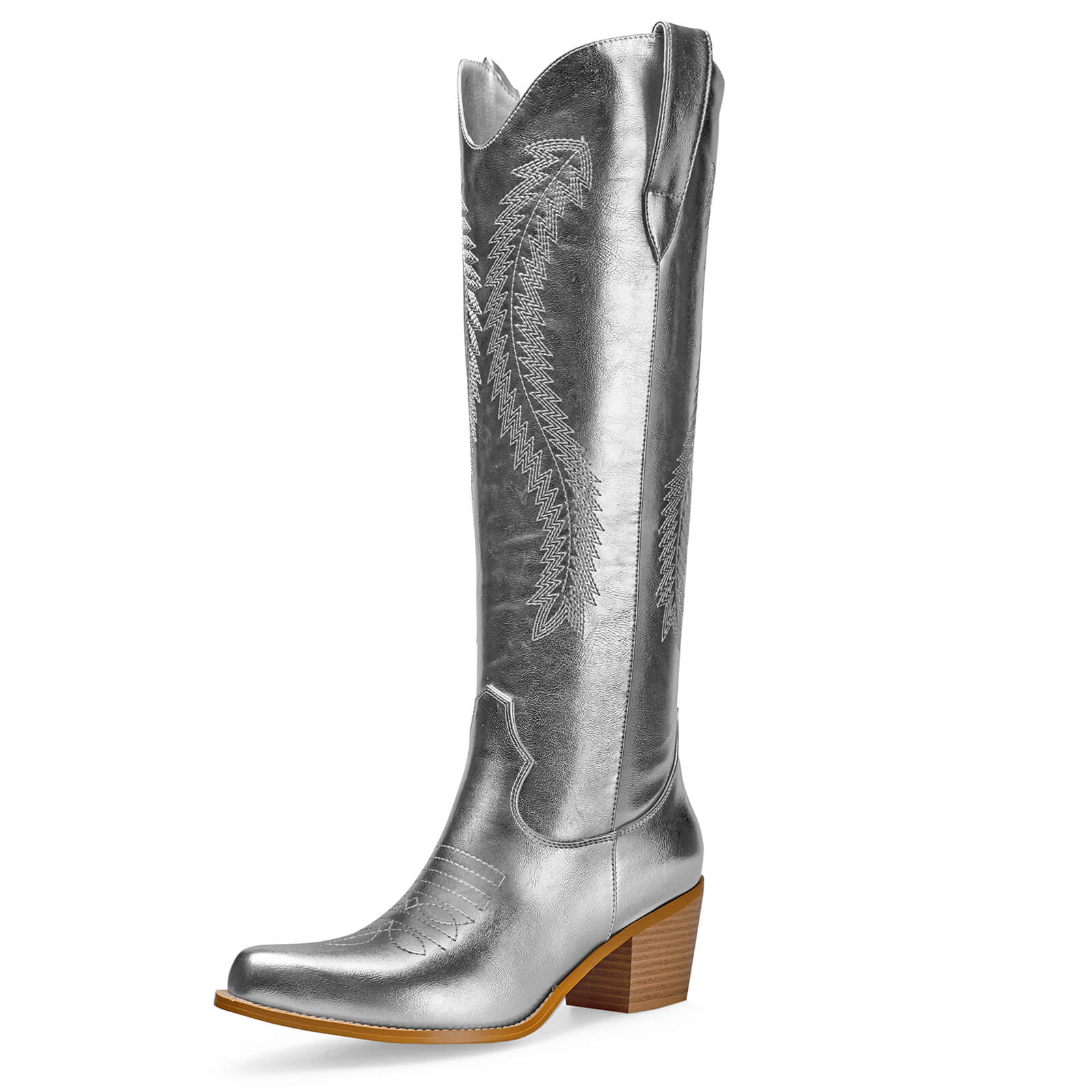 Women's Gold Metallic Knee High Cowboy Boots Embroidered Tall Western Cowgirl Boots Almond Pointed Toe Chunky Heel Wide Wedding Party Boots