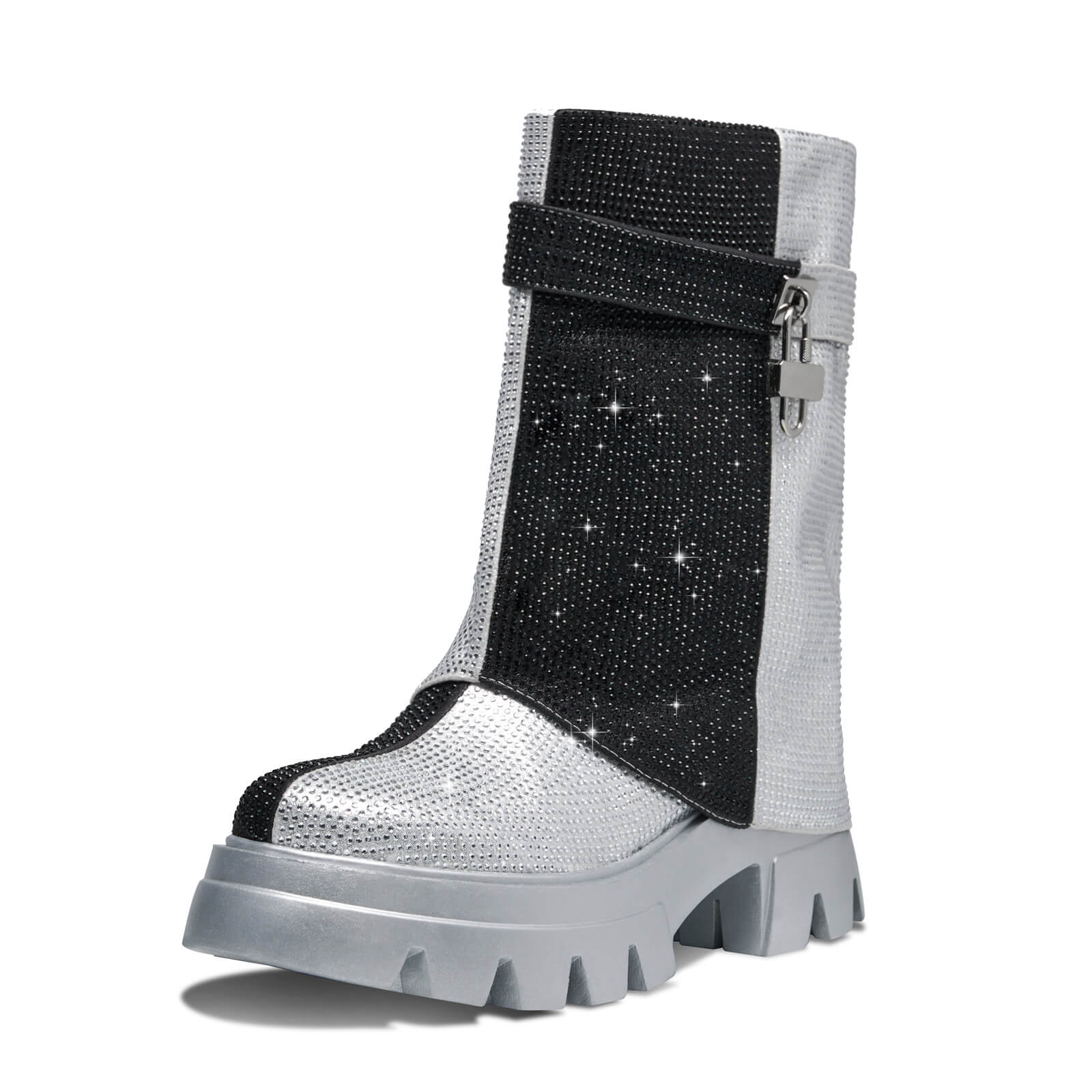 Women's Rhinestone Ankle Boots Round Toe Mid-calf Fold Over Platform Boots