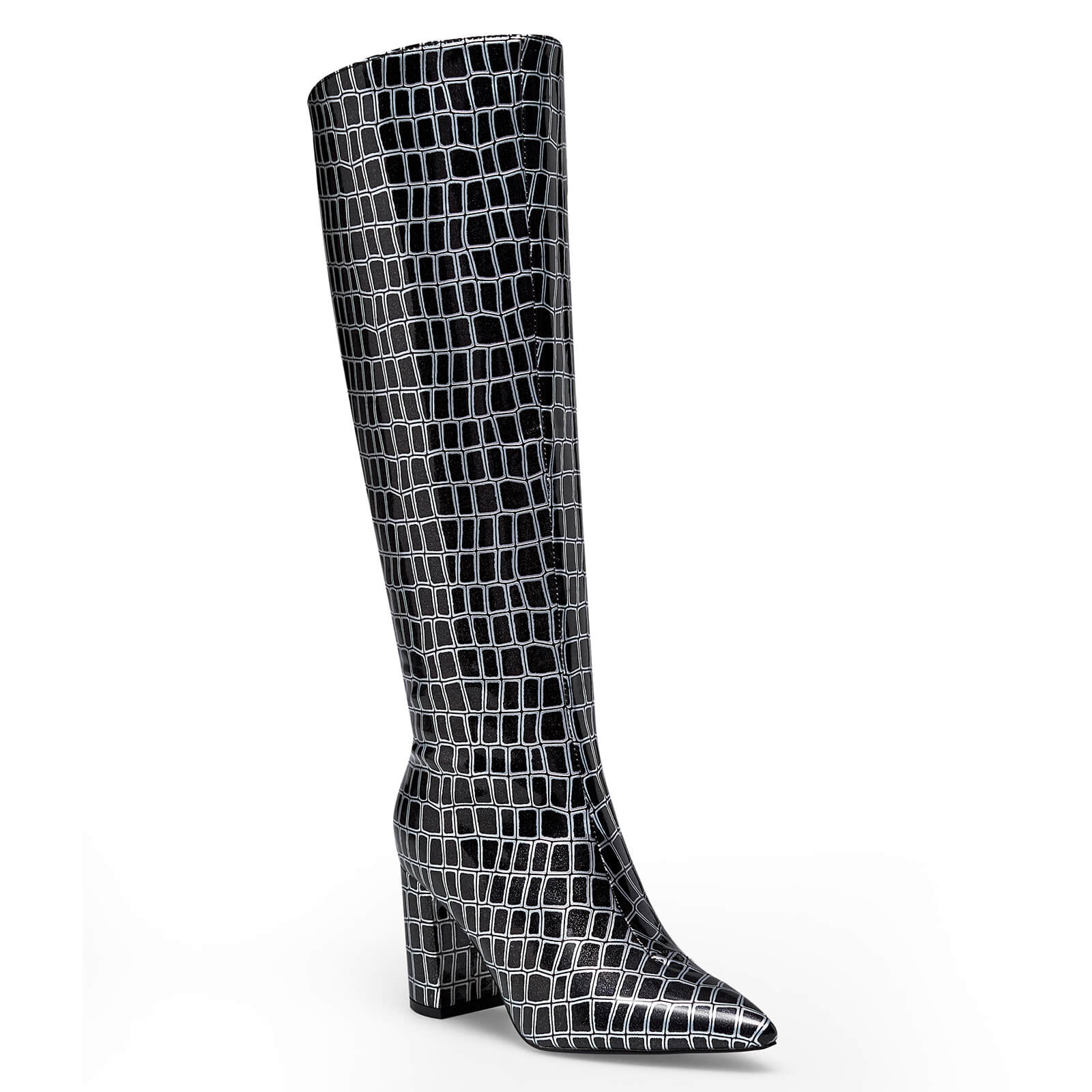 Sexy Alligator-Embossed Pointed Toe Knee High Boots