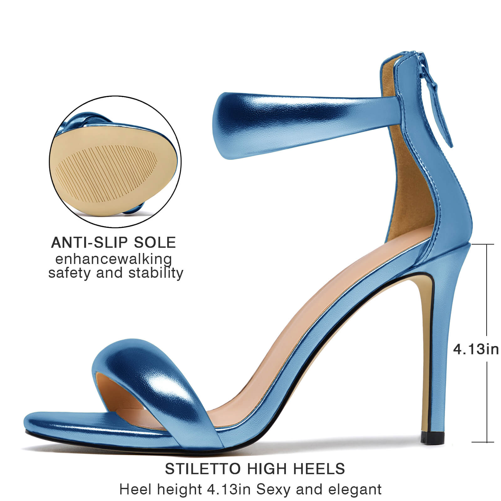 Women's Pump Open Toe Heel Sandals Back Zipper Round Ankle Strappy Stiletto Heels Sparkle Glitter Metallic Party Sexy Wedding Dressy Shoes