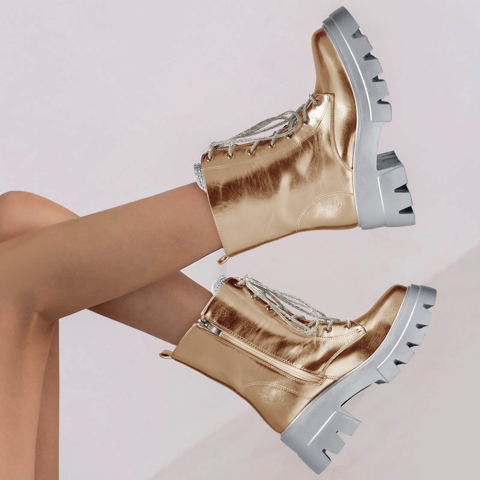 Women's Metallic Round Toe Lace up Boots
