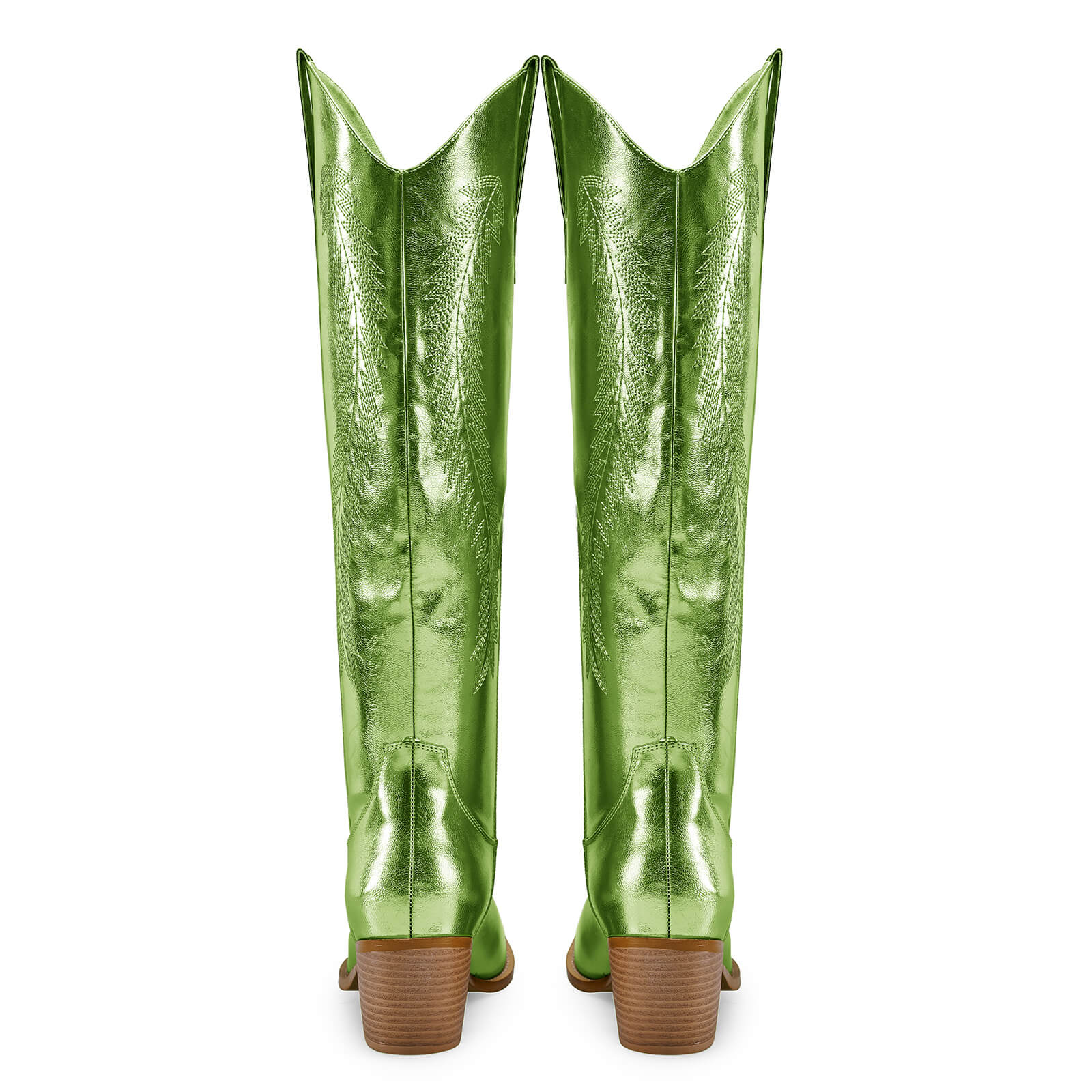 Women's Gold Metallic Knee High Cowboy Boots Embroidered Tall Western Cowgirl Boots Almond Pointed Toe Chunky Heel Wide Wedding Party Boots