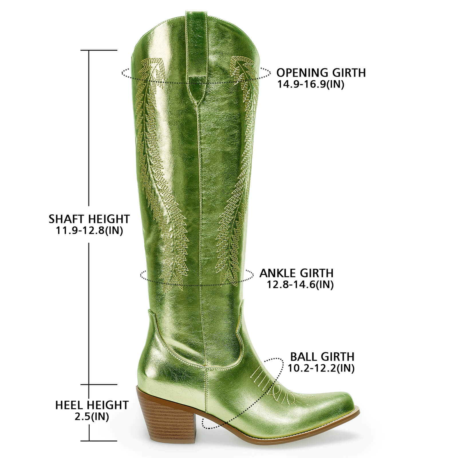 Women's Gold Metallic Knee High Cowboy Boots Embroidered Tall Western Cowgirl Boots Almond Pointed Toe Chunky Heel Wide Wedding Party Boots