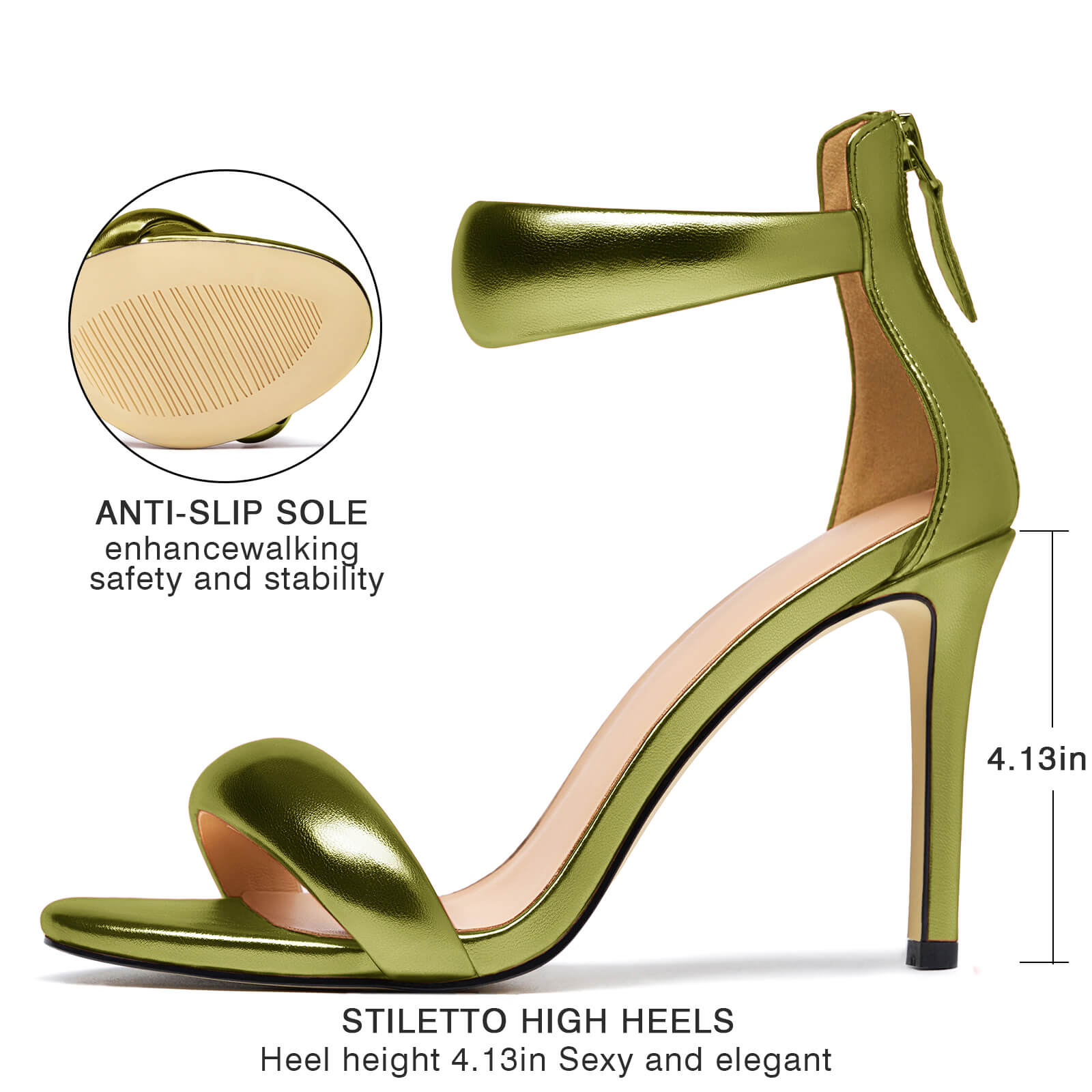 Women's Pump Open Toe Heel Sandals Back Zipper Round Ankle Strappy Stiletto Heels Sparkle Glitter Metallic Party Sexy Wedding Dressy Shoes