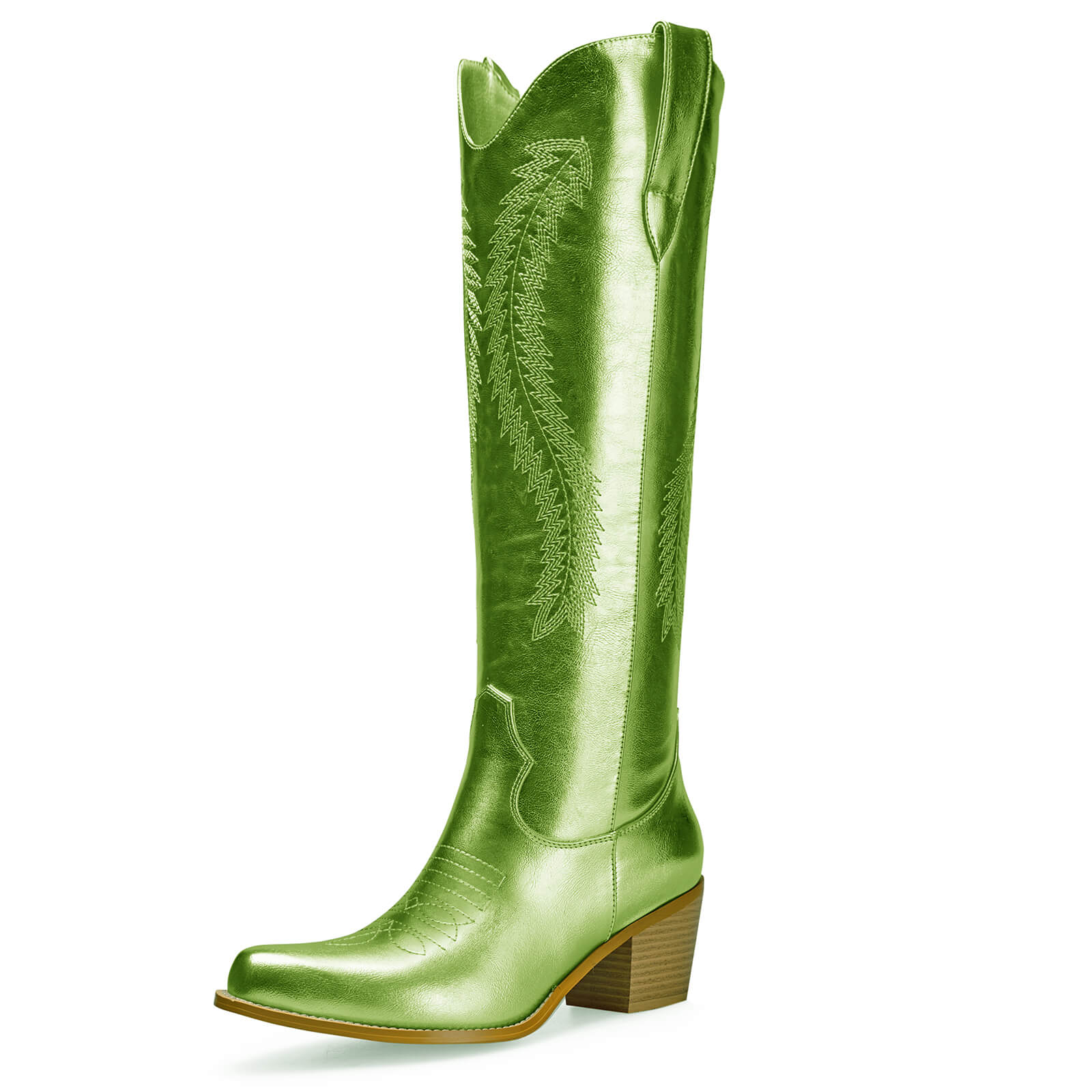 Women's Gold Metallic Knee High Cowboy Boots Embroidered Tall Western Cowgirl Boots Almond Pointed Toe Chunky Heel Wide Wedding Party Boots