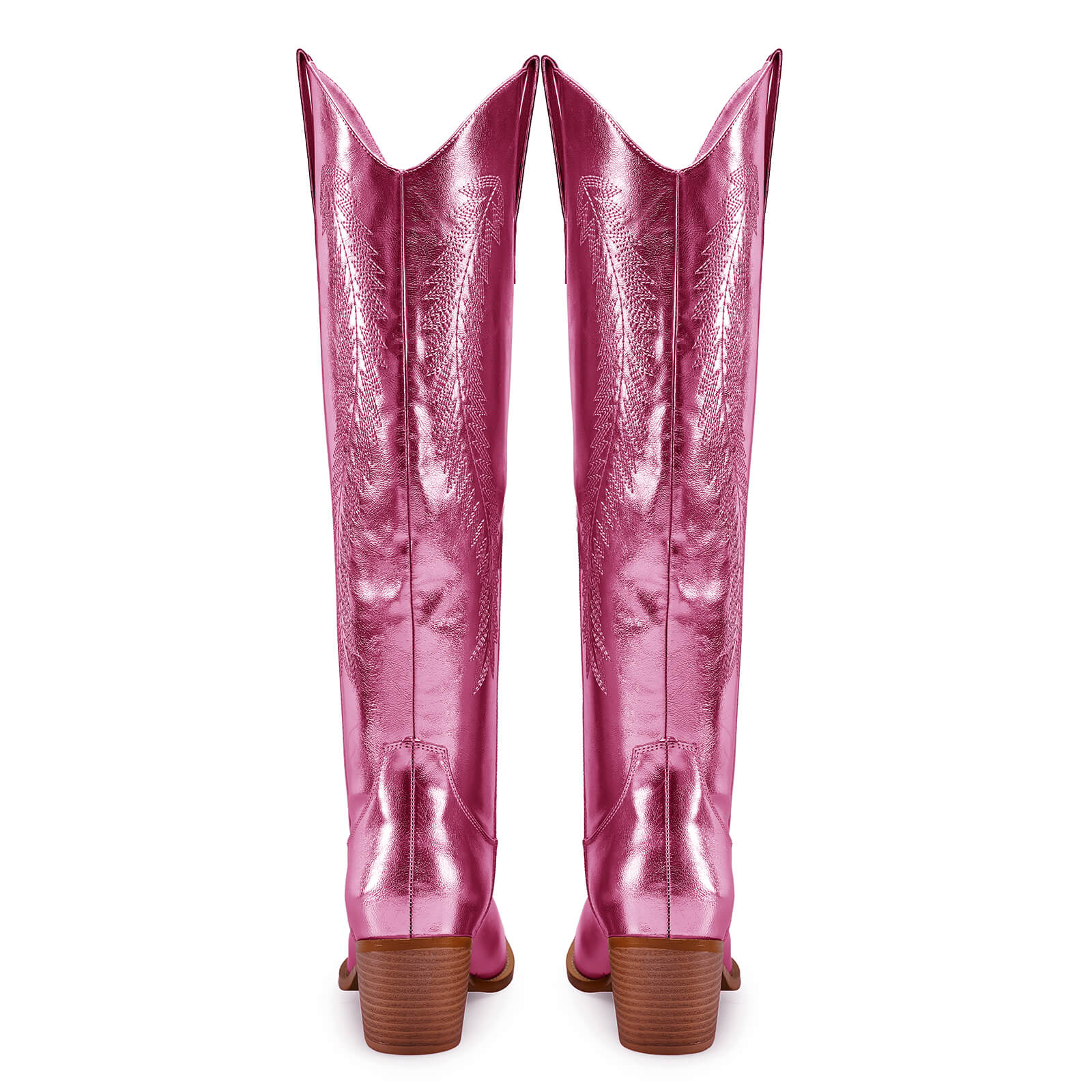 Women's Gold Metallic Knee High Cowboy Boots Embroidered Tall Western Cowgirl Boots Almond Pointed Toe Chunky Heel Wide Wedding Party Boots