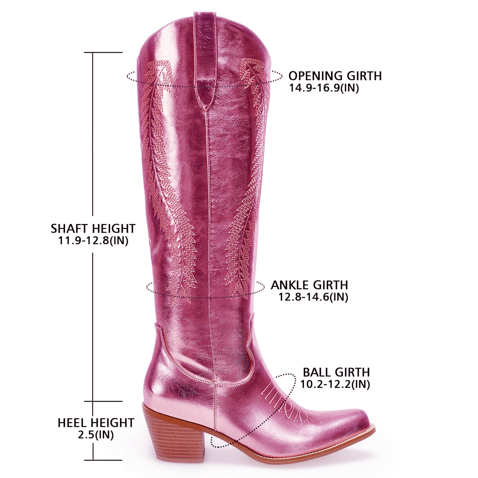 Women's Gold Metallic Knee High Cowboy Boots Embroidered Tall Western Cowgirl Boots Almond Pointed Toe Chunky Heel Wide Wedding Party Boots