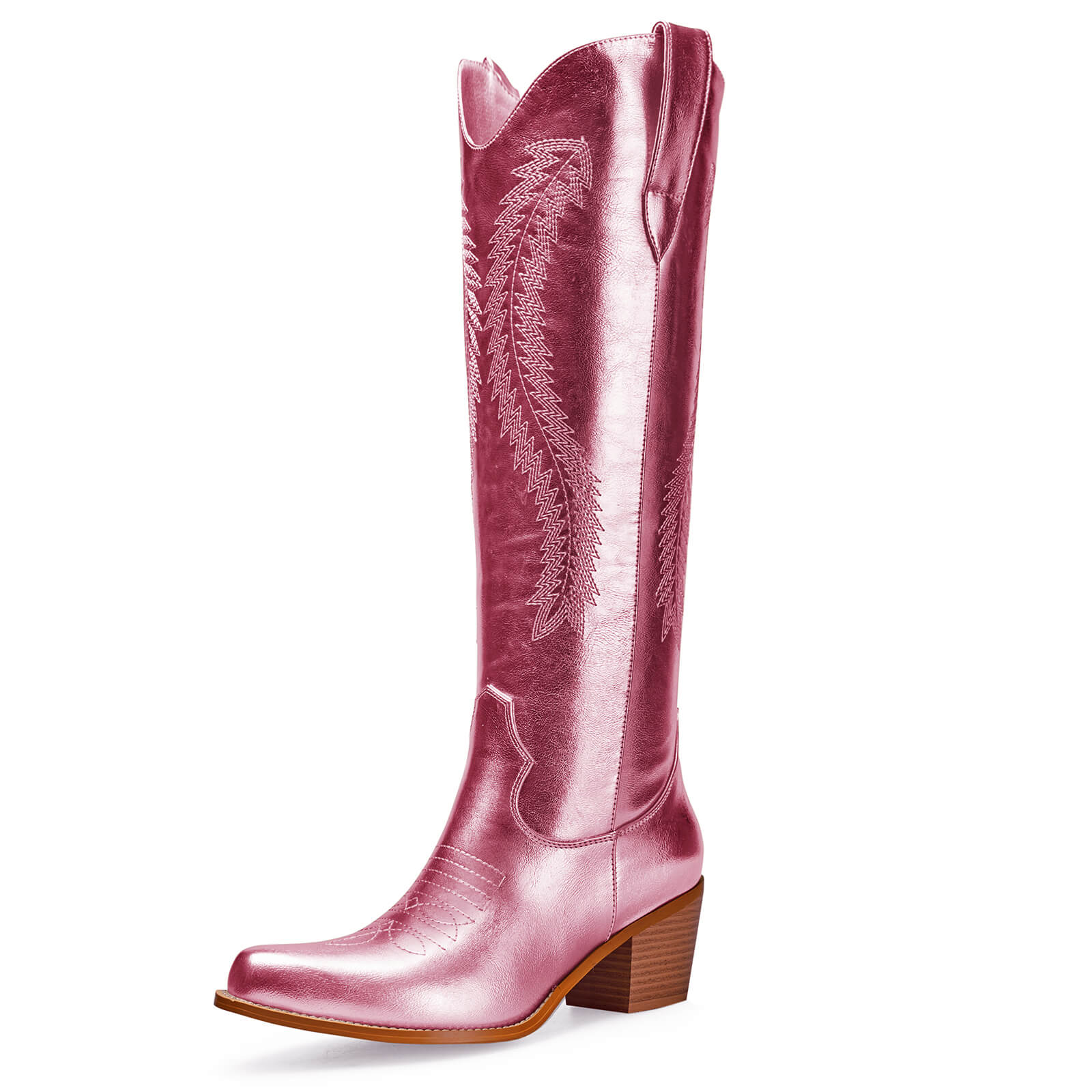 Women's Gold Metallic Knee High Cowboy Boots Embroidered Tall Western Cowgirl Boots Almond Pointed Toe Chunky Heel Wide Wedding Party Boots