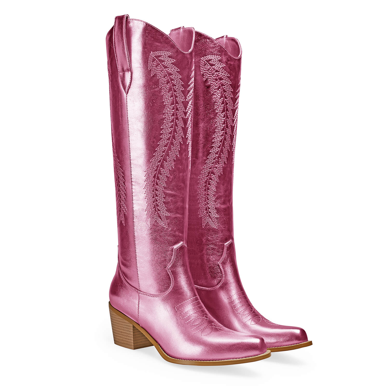 Women's Gold Metallic Knee High Cowboy Boots Embroidered Tall Western Cowgirl Boots Almond Pointed Toe Chunky Heel Wide Wedding Party Boots