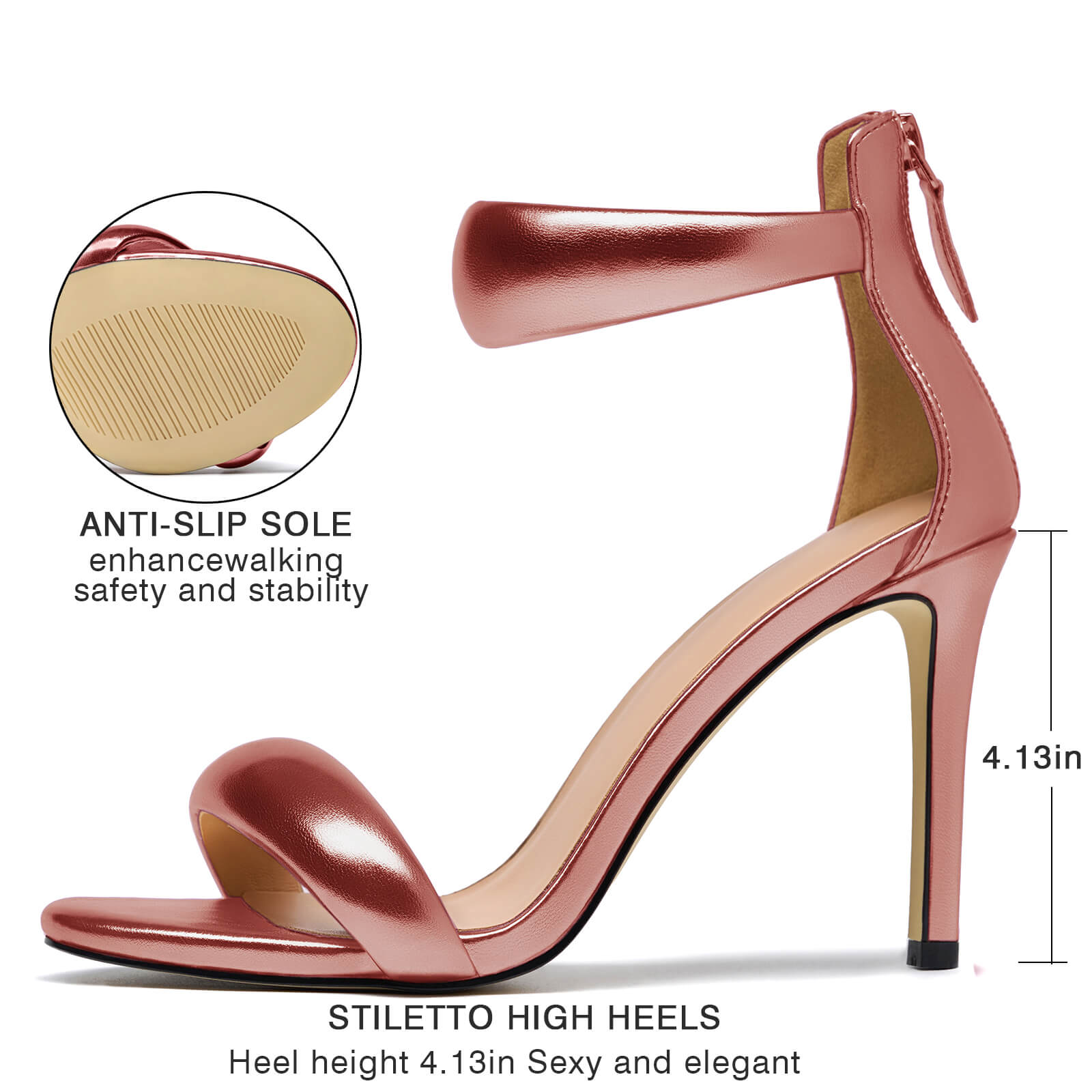 Women's Pump Open Toe Heel Sandals Back Zipper Round Ankle Strappy Stiletto Heels Sparkle Glitter Metallic Party Sexy Wedding Dressy Shoes