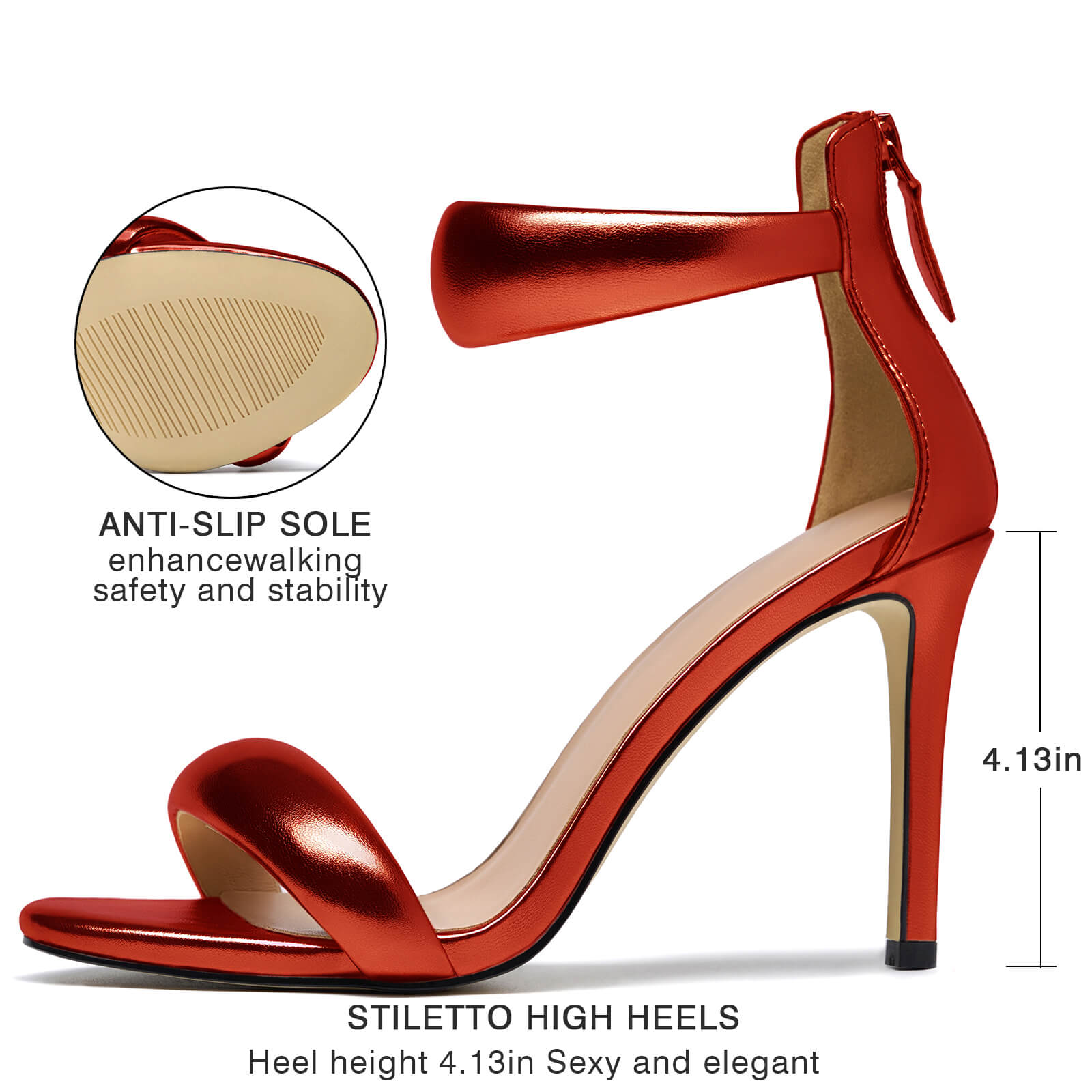 Women's Pump Open Toe Heel Sandals Back Zipper Round Ankle Strappy Stiletto Heels Sparkle Glitter Metallic Party Sexy Wedding Dressy Shoes