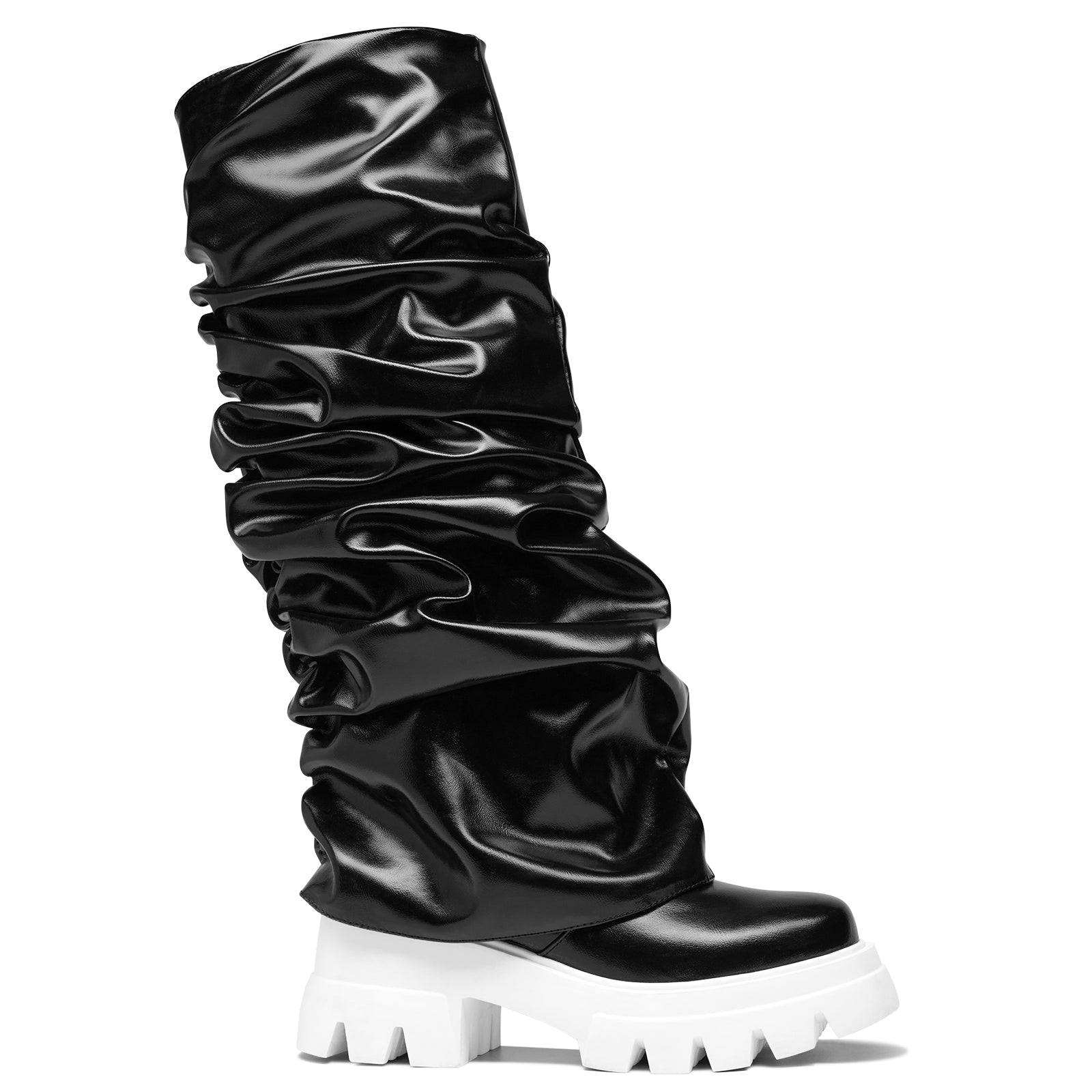 Women's Platform Round Toe Fold Over Boots Metallic Mid Calf Boots