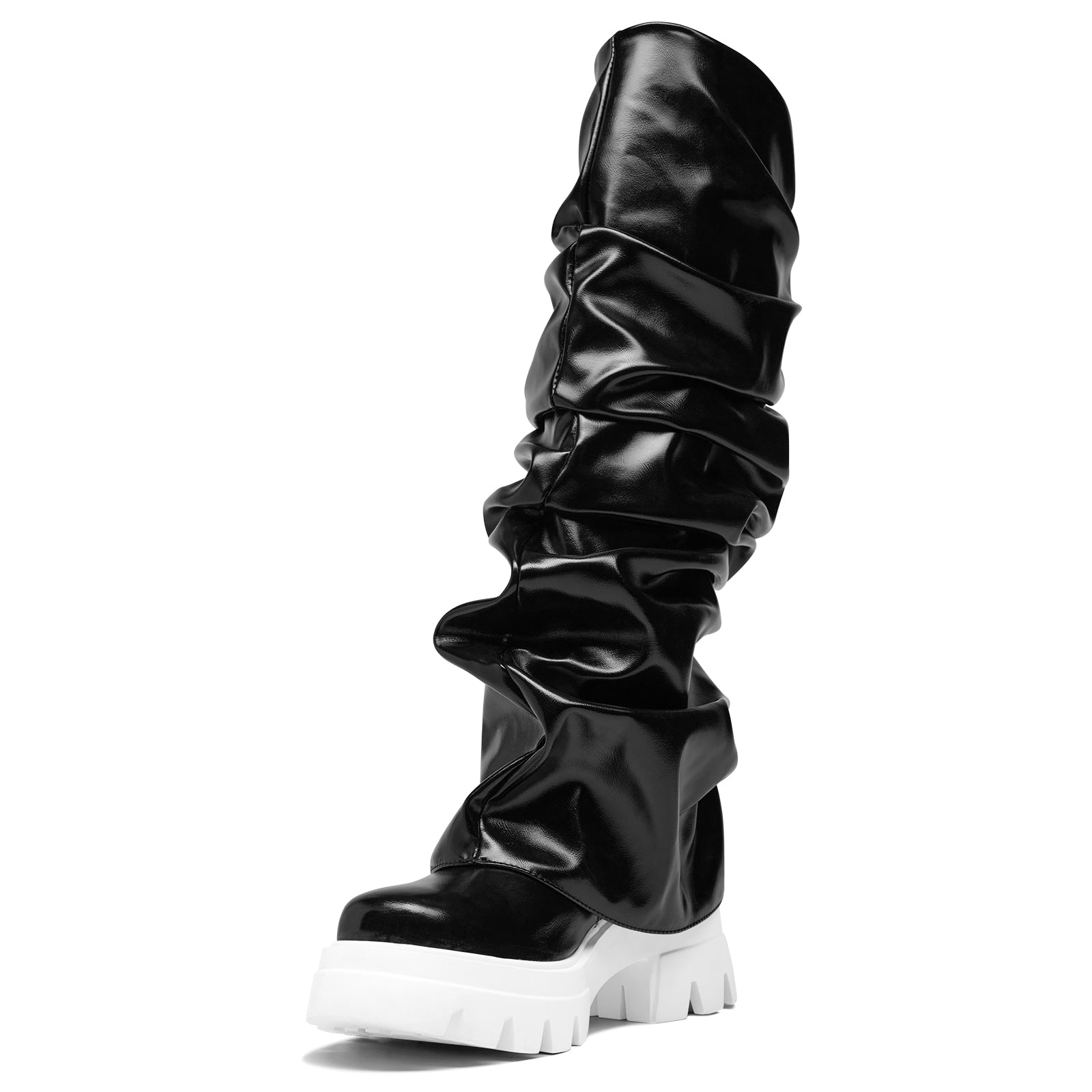 Women's Platform Round Toe Fold Over Boots Metallic Mid Calf Boots