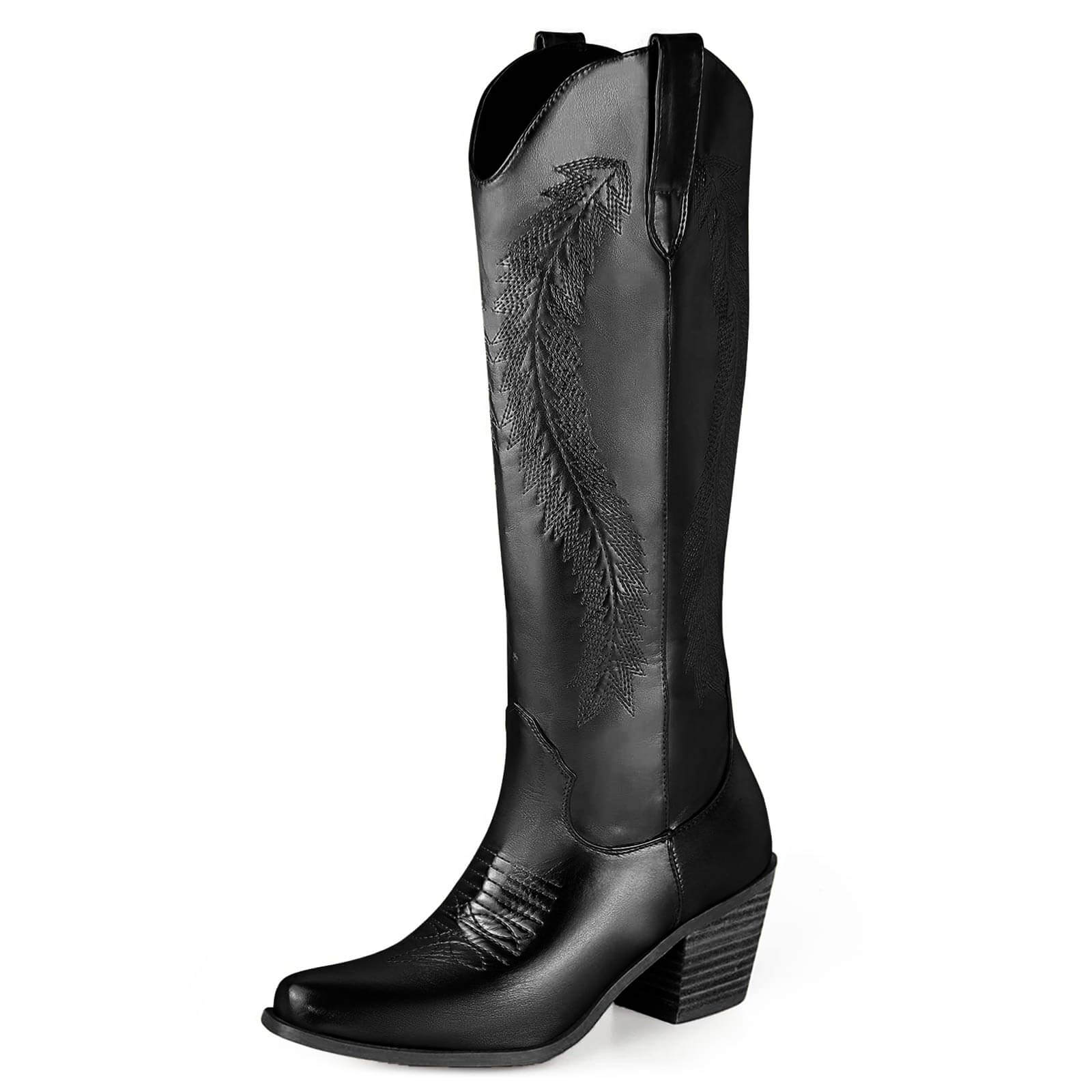 Feather Embroidered Metallic Knee High Cowboy Boots