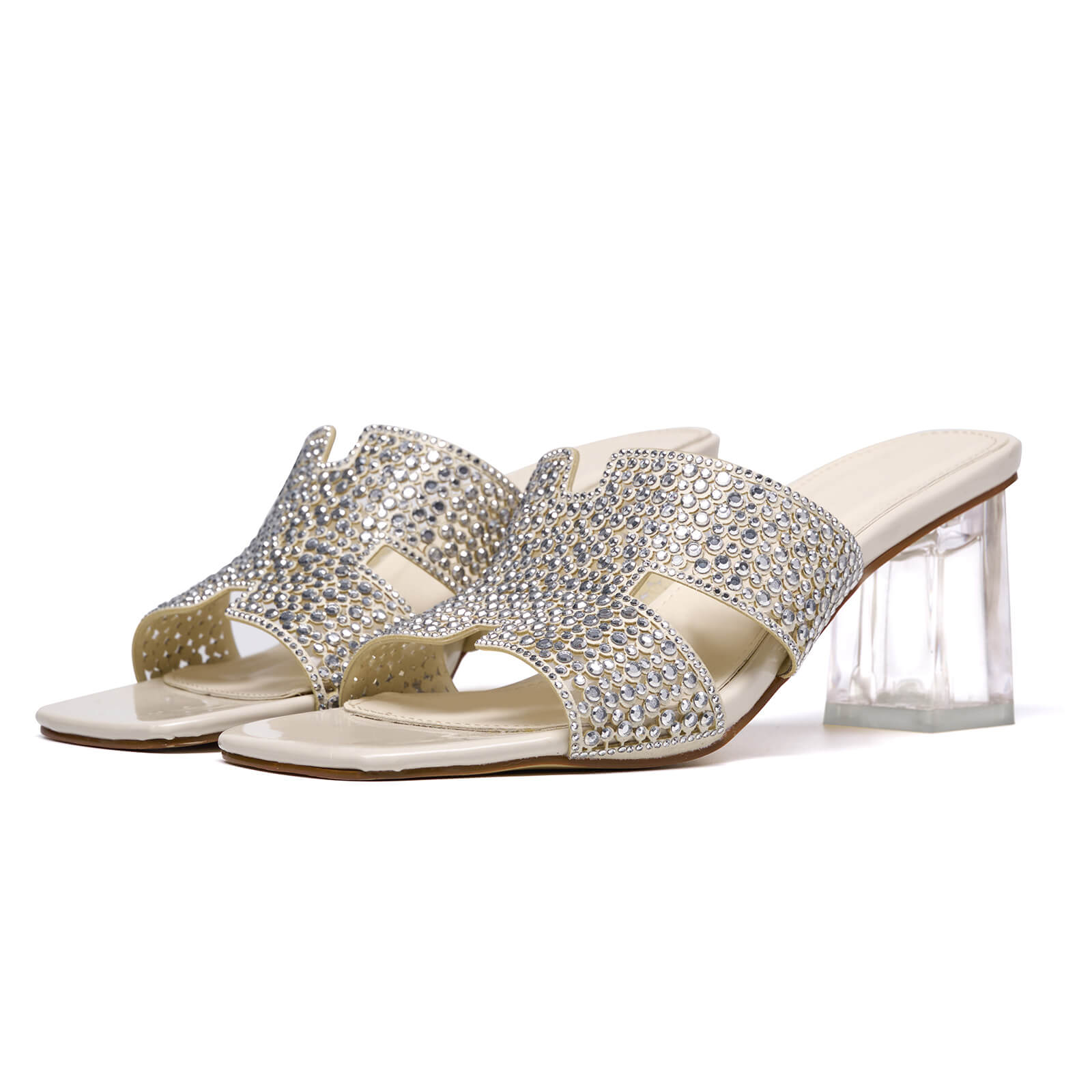 Rhinestones Block Heels Clear Low Heel Chunky Mules Sandals