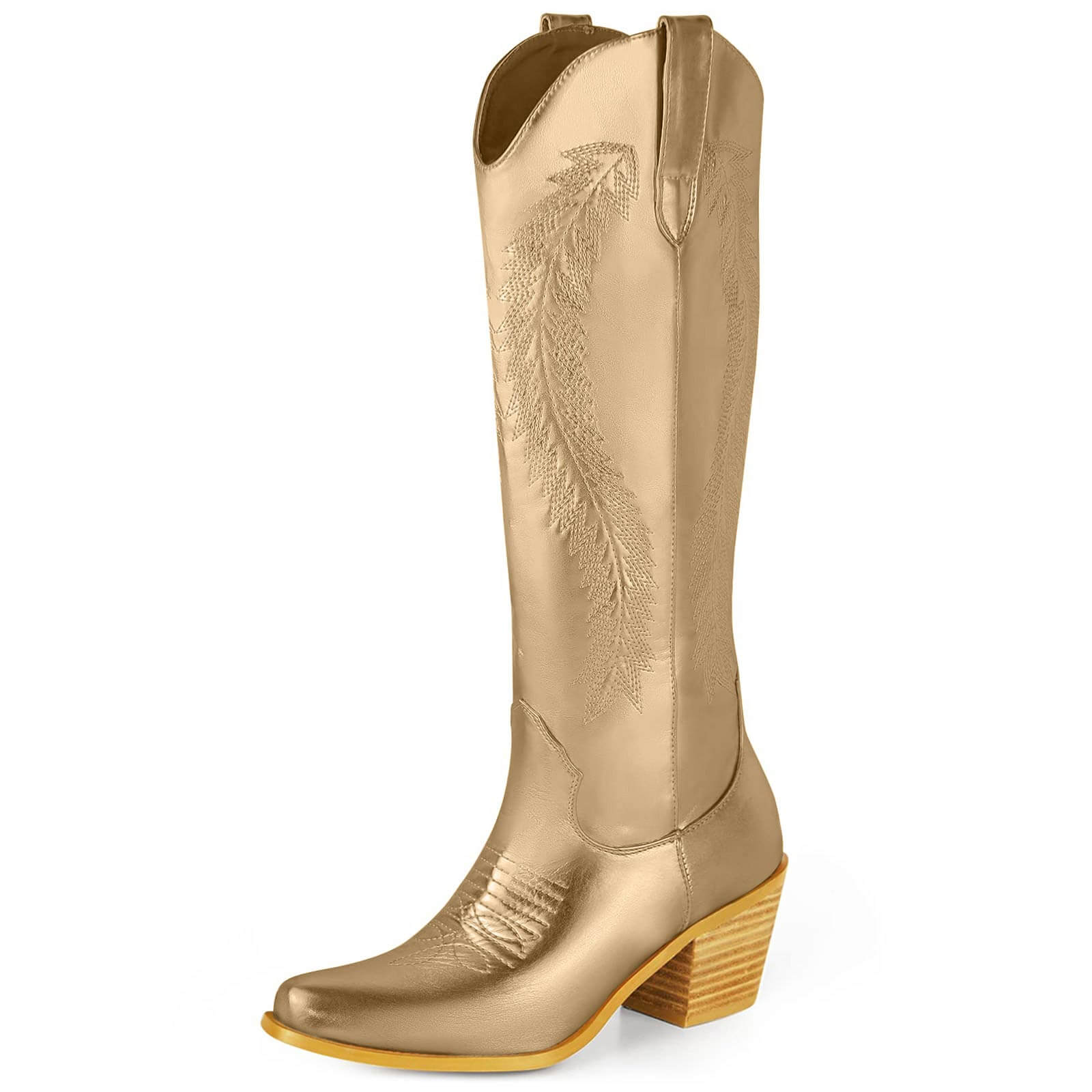 Feather Embroidered Metallic Knee High Cowboy Boots