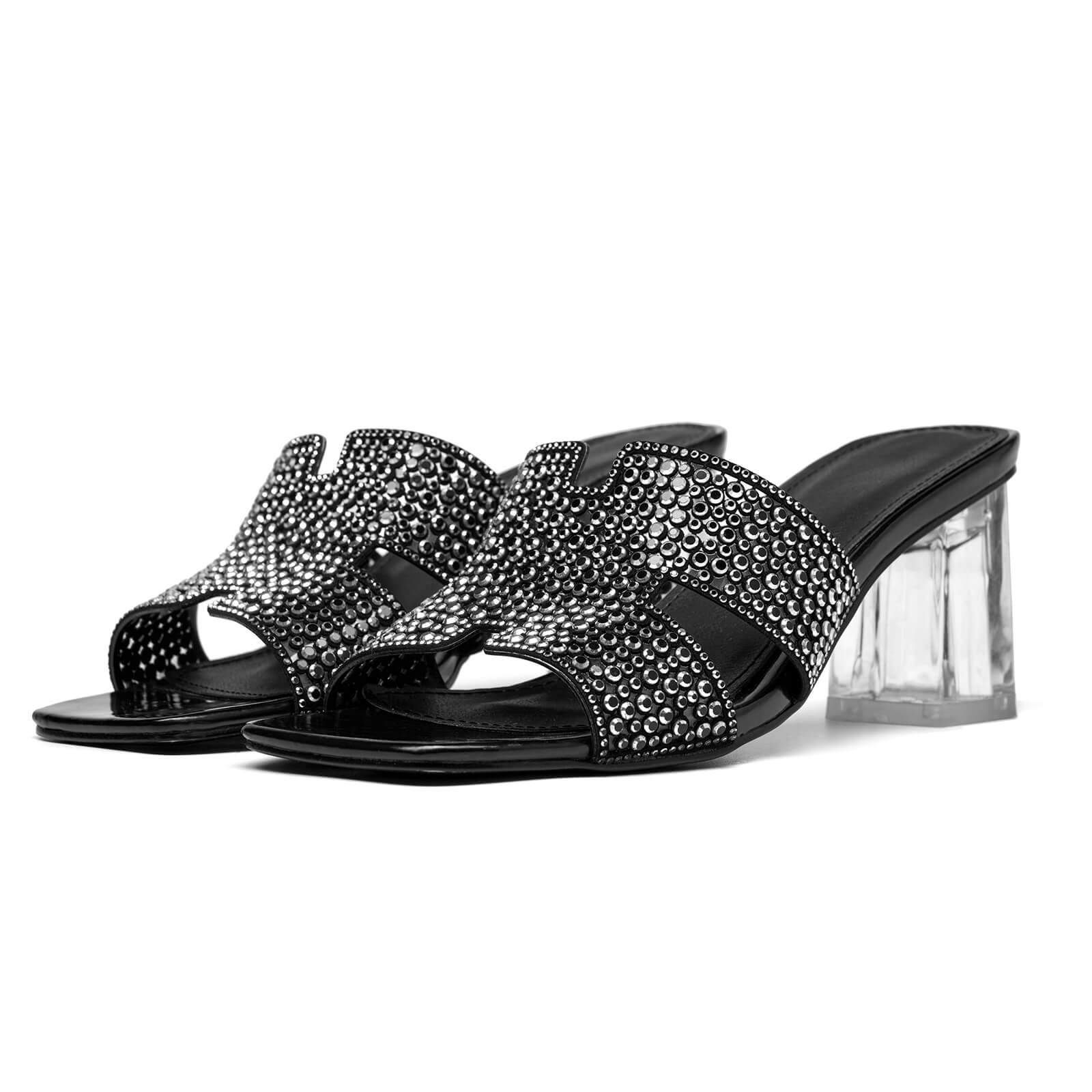 Rhinestones Block Heels Clear Low Heel Chunky Mules Sandals