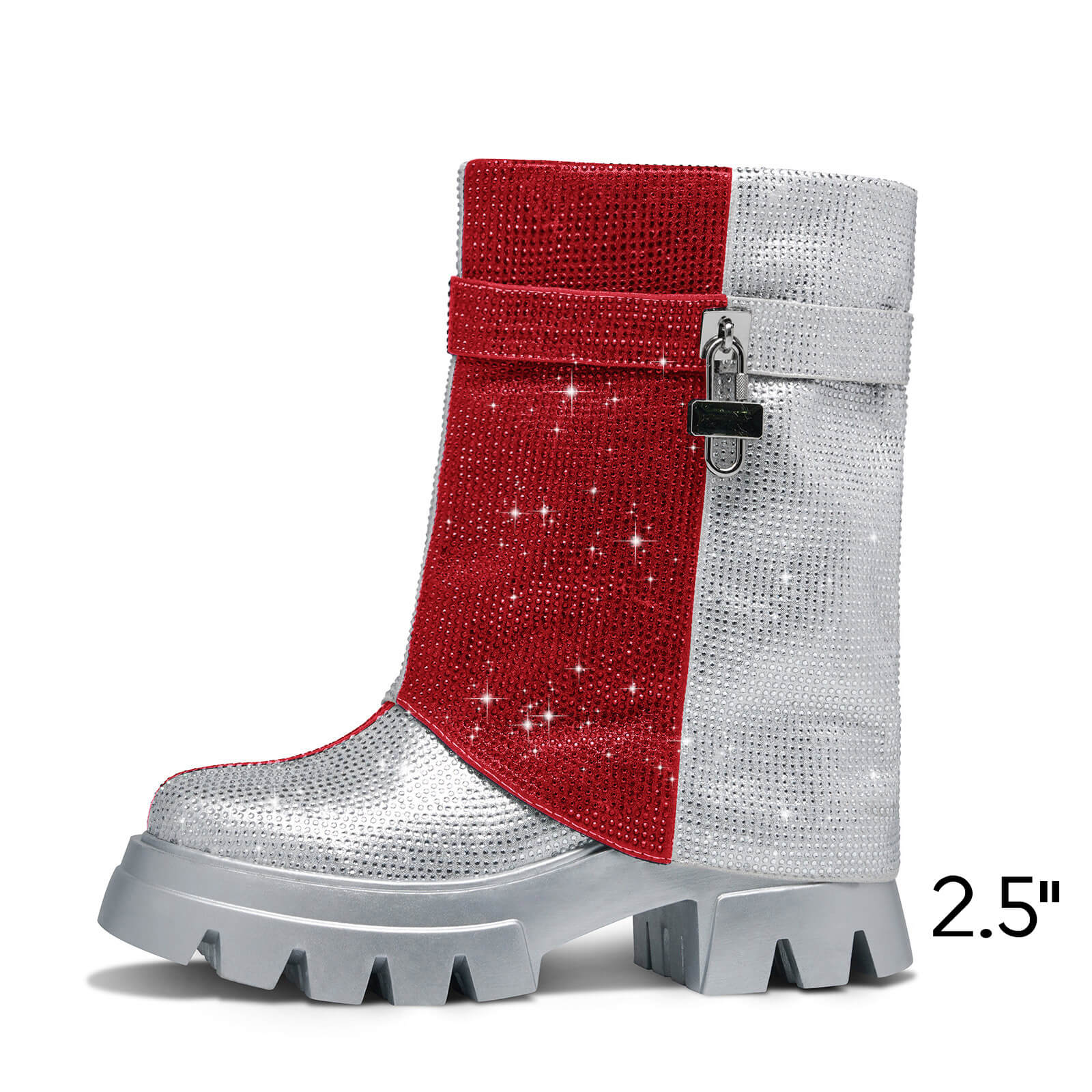 Women's Rhinestone Ankle Boots Round Toe Mid-calf Fold Over Platform Boots