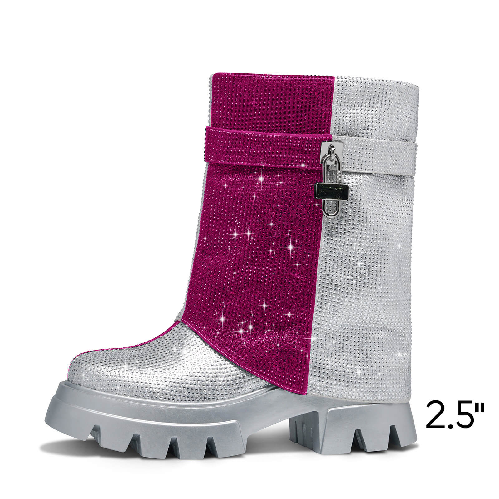 Women's Rhinestone Ankle Boots Round Toe Mid-calf Fold Over Platform Boots