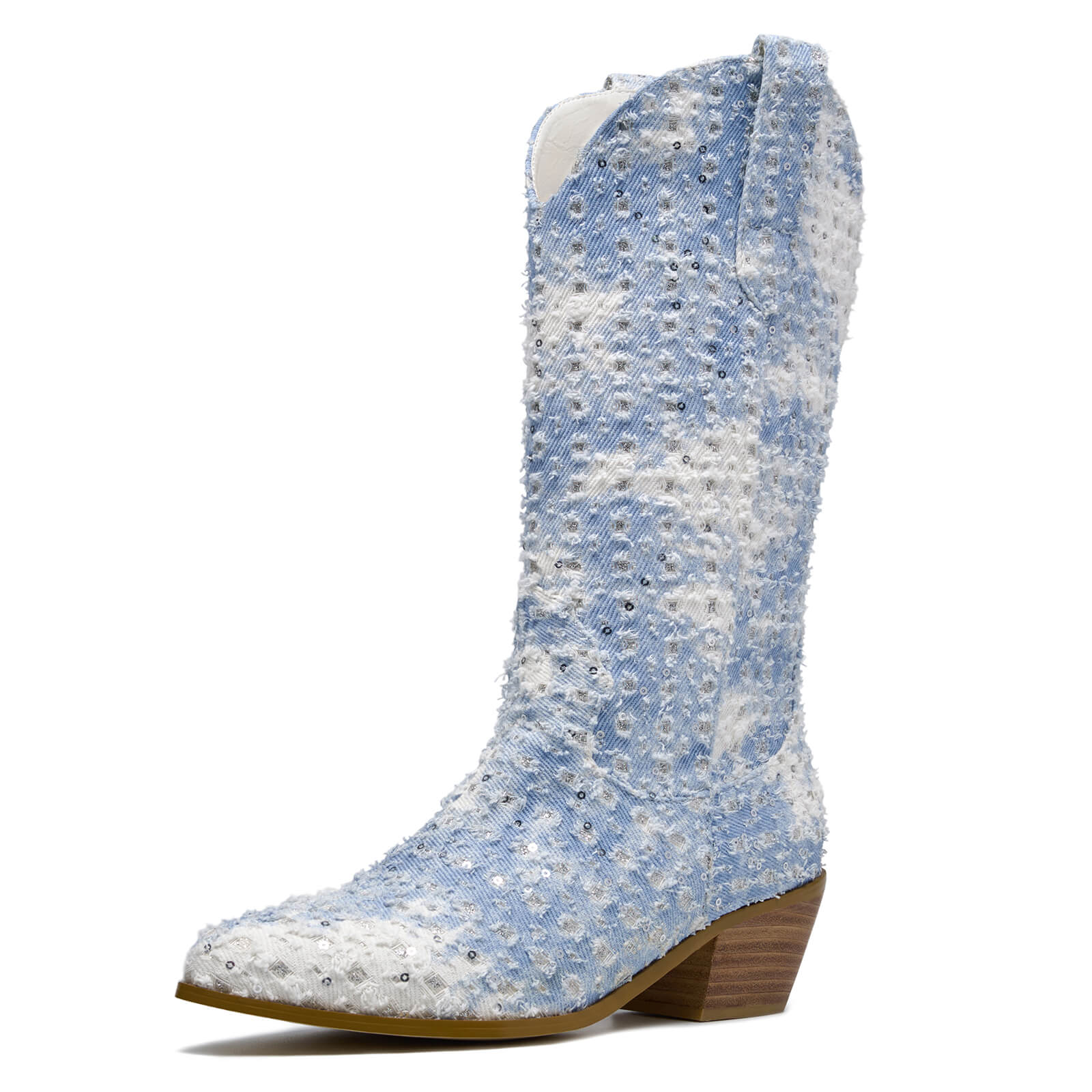 Western Shiny Sequin Denim Cowboy Mid Calf Boots