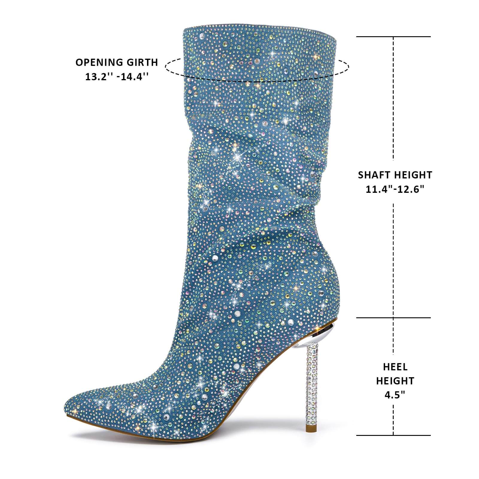 Women's Rhinestone Denim Mid Calf Slouchy Boots