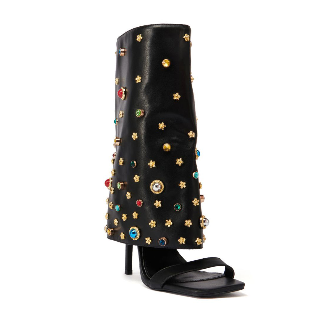 Square toe rhinestone rivets decorated side zip casual sexy mid-calf sandals