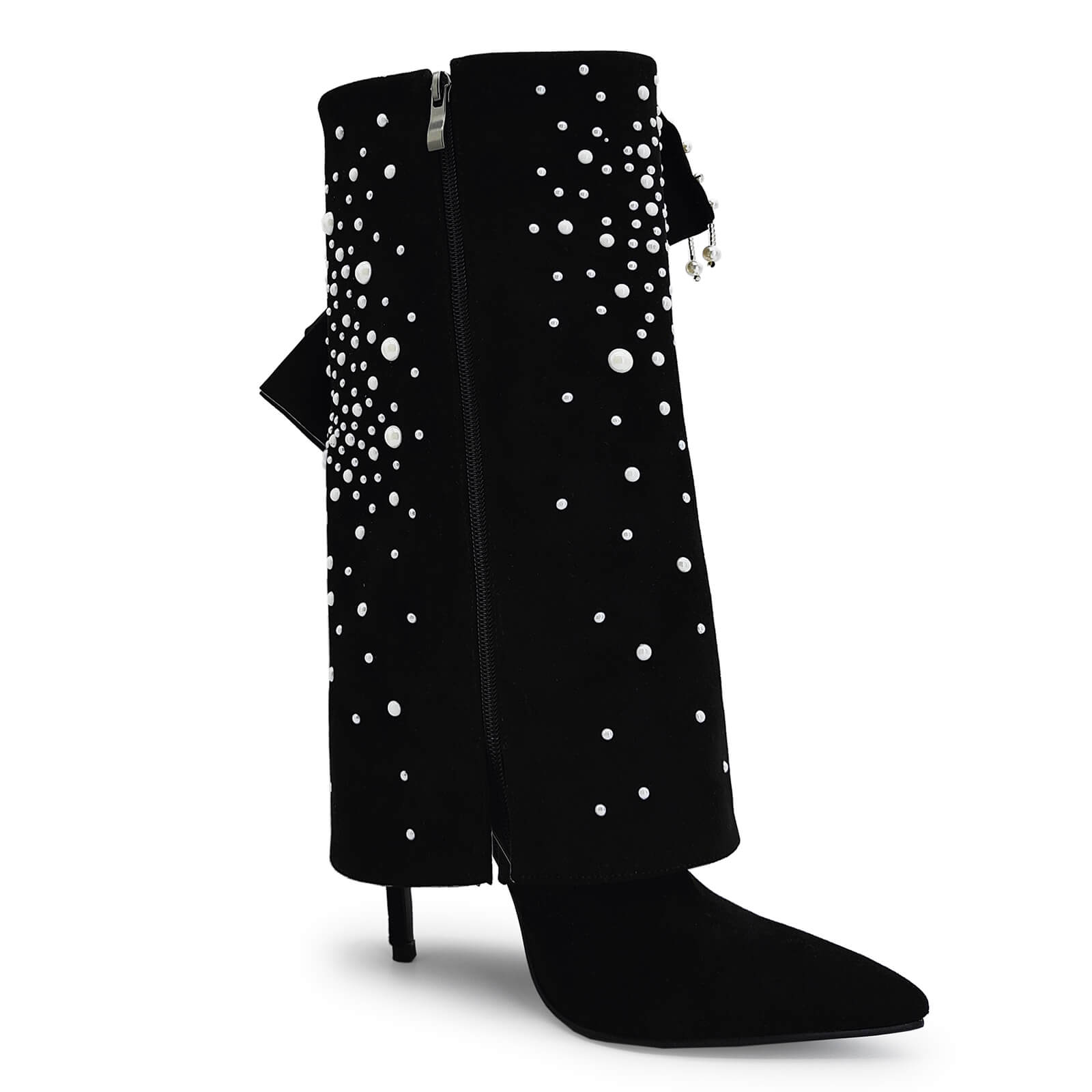 Women's Sparkly Pearls Stiletto Heels Boots Rhinestone suede Pointed Toe Zipper Mid Calf Folding Boots Sexy Party Wedding Boots