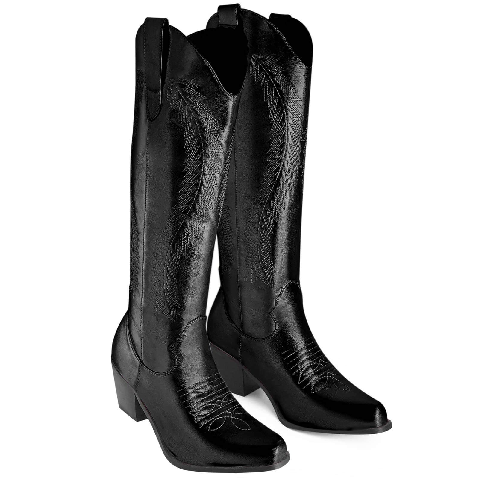 Feather Embroidered Metallic Knee High Cowboy Boots