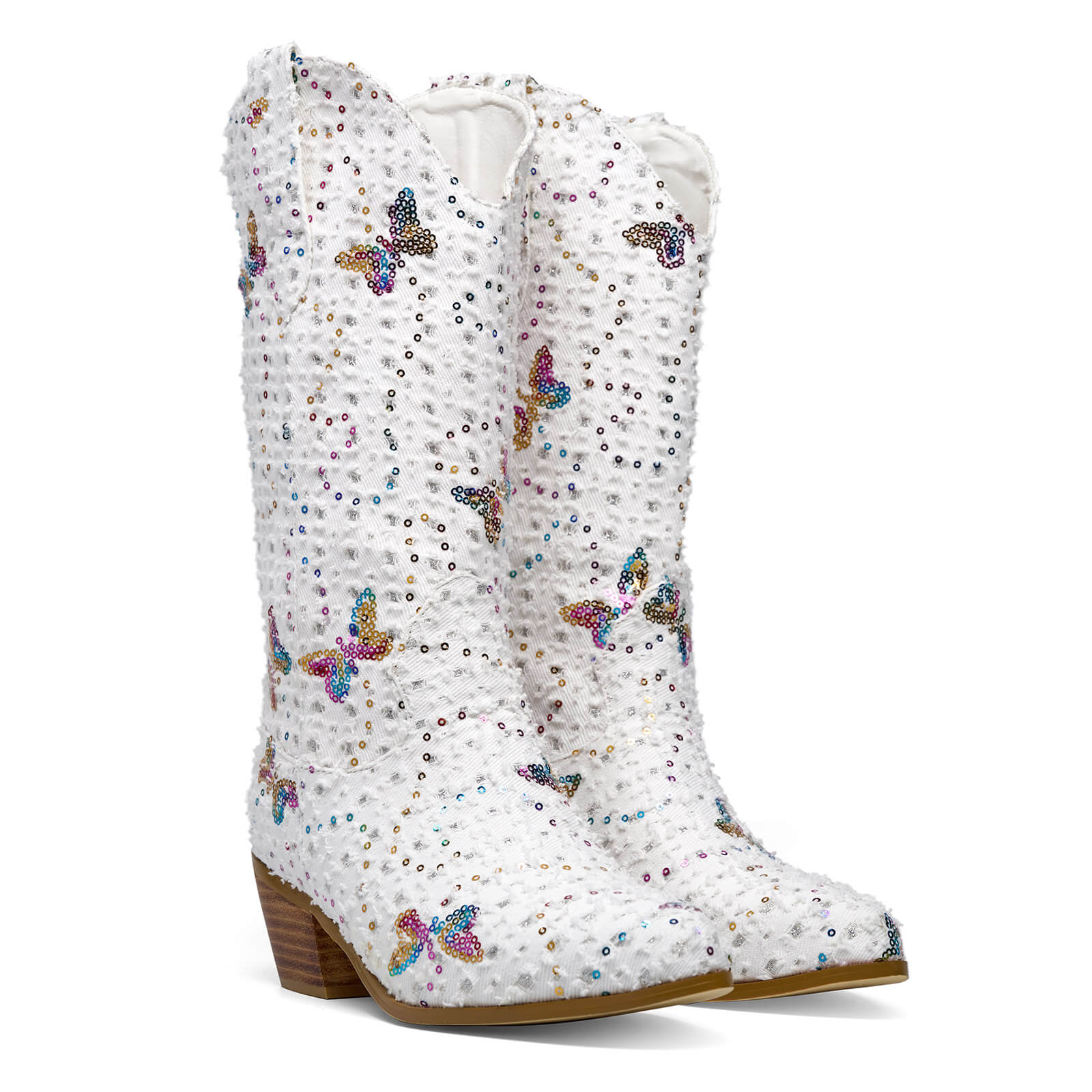 Western Shiny Sequin Denim Cowboy Mid Calf Boots