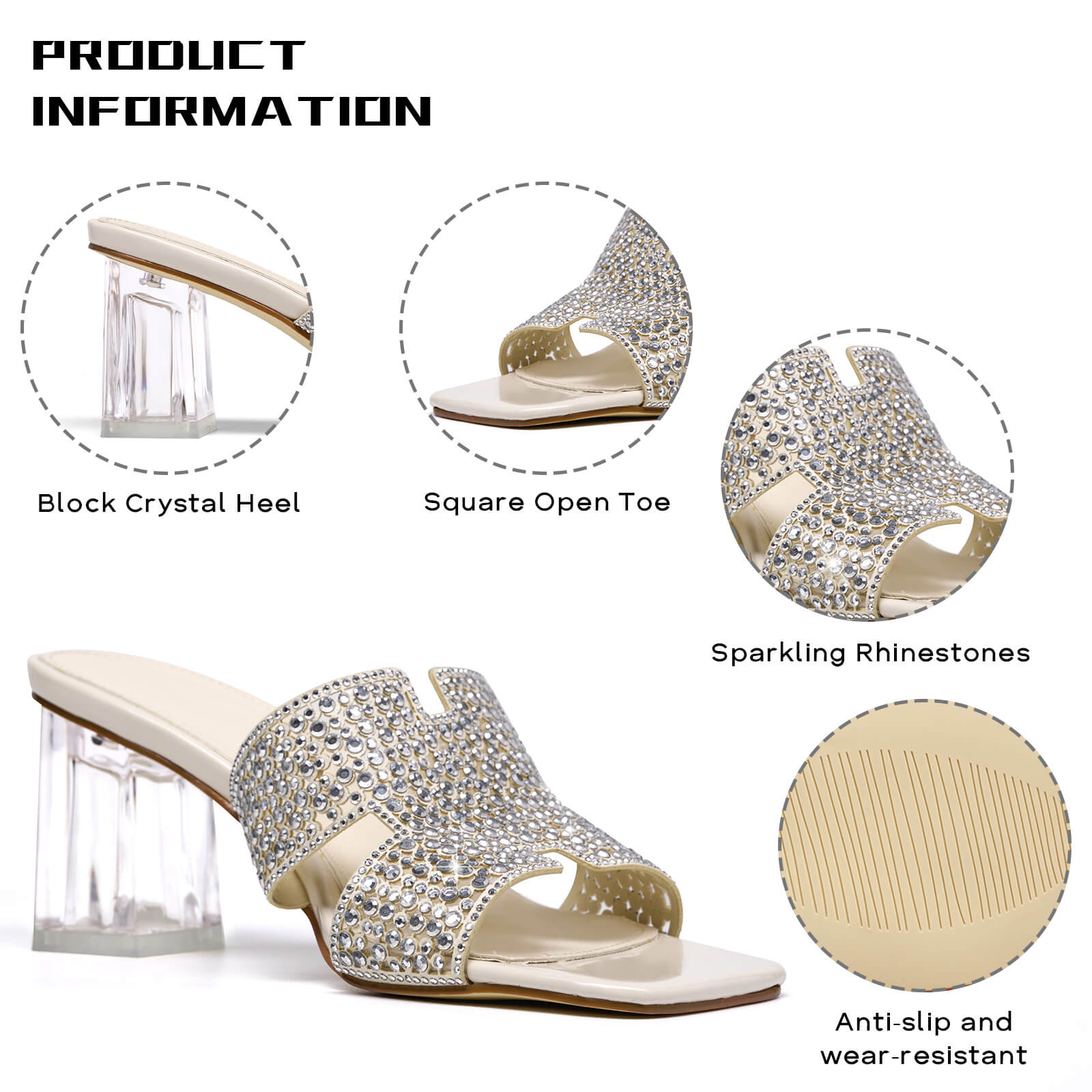 Rhinestones Block Heels Clear Low Heel Chunky Mules Sandals