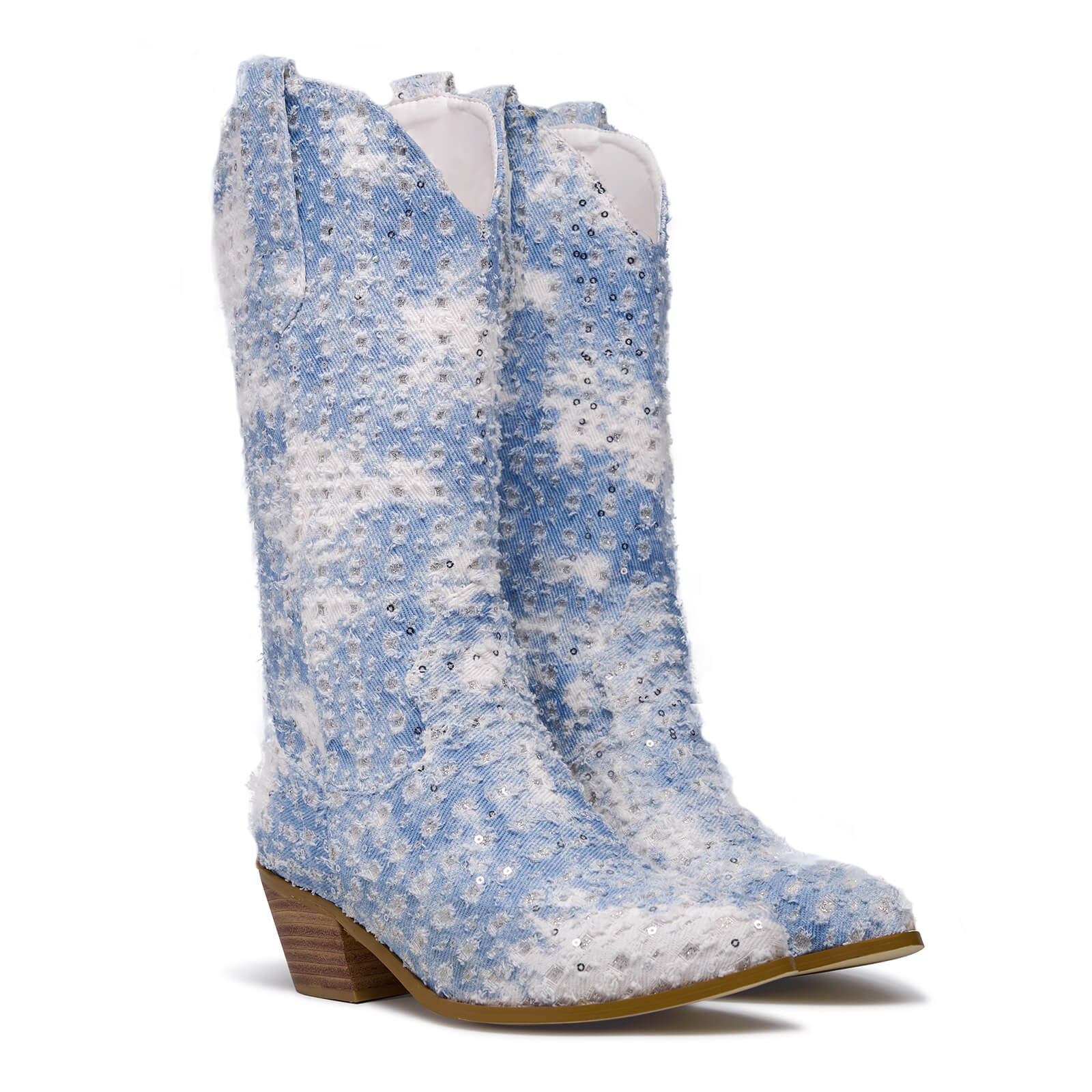 Western Shiny Sequin Denim Cowboy Mid Calf Boots